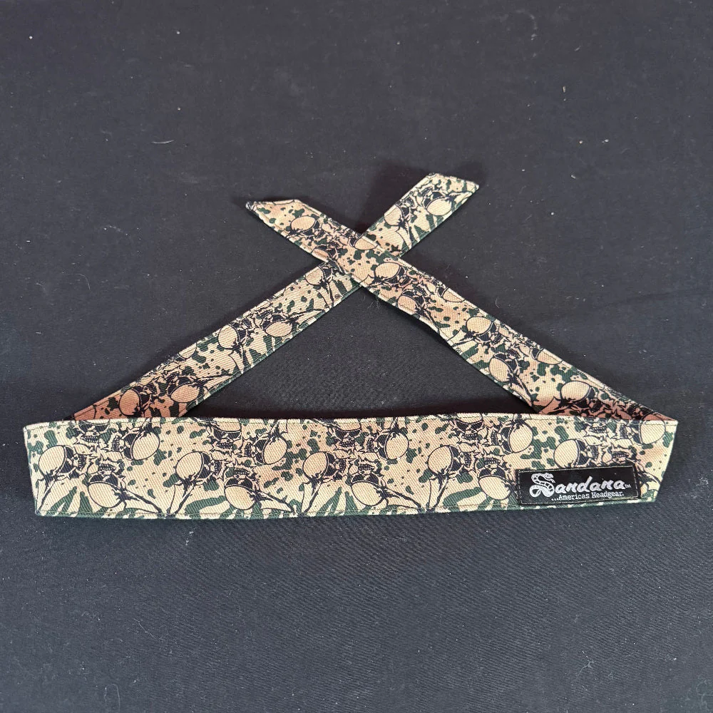 *Display* Sandana Headband - Tan / Green w/ Black Skulls