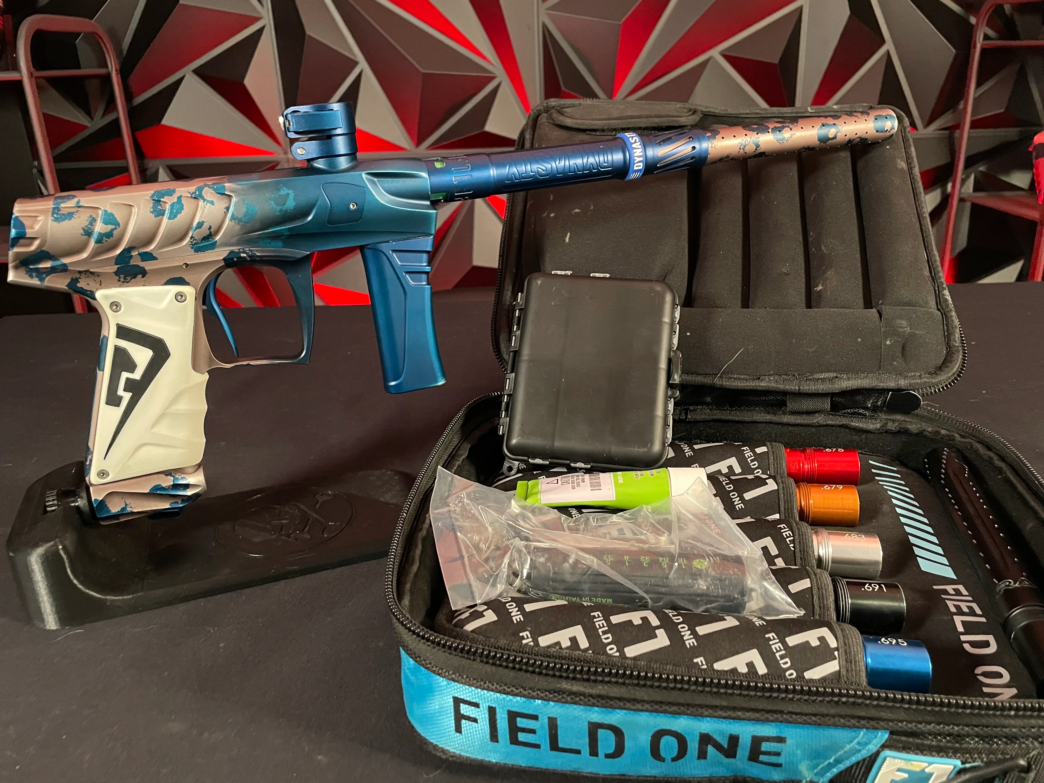 Field One Force Paintball Gun - Blake Yarber Blue Leopard Signature Series w/ Full Acculock Barrel Insert Kit (6 Inserts) - Image 7