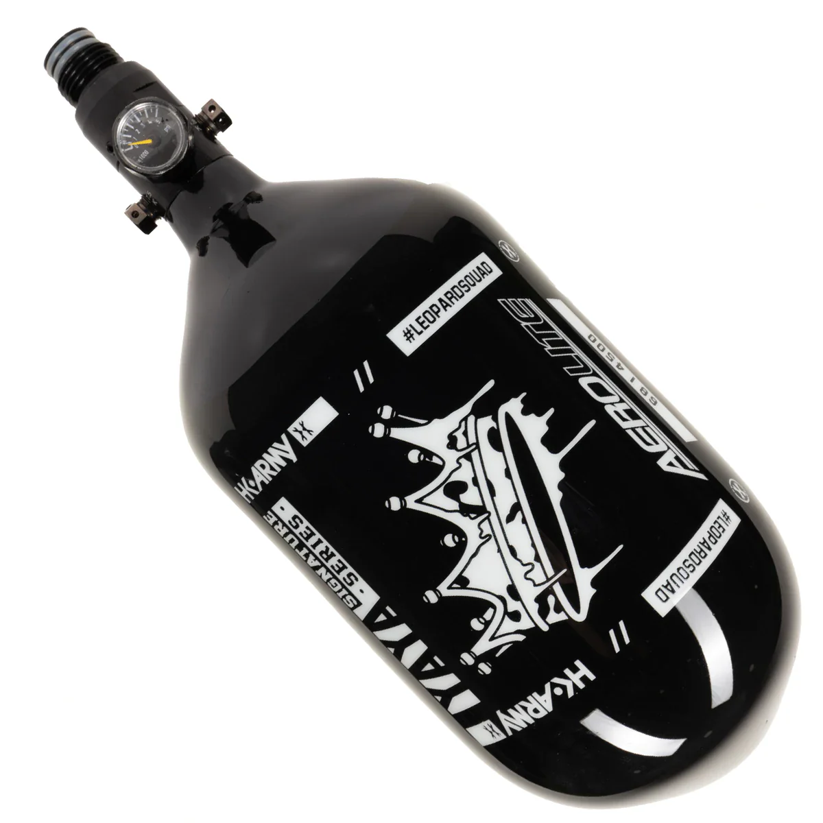 HK Army Aerolite "EXTRA LITE" Leopard King Paintball Tank w/ Standard Reg - 68ci / 4500psi - Black / White - Image 2