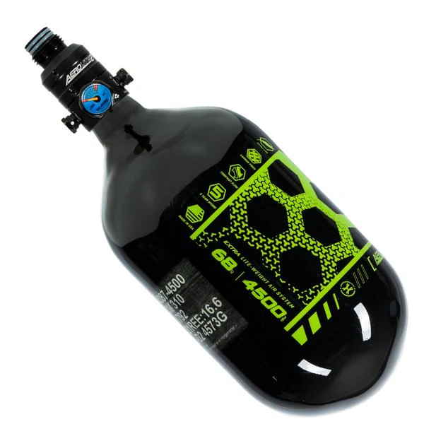 HK Army Aerolite "EXTRA LITE" Tank w/ V2 Pro Reg - 68ci / 4500psi - Black / Neon Green - Image 2