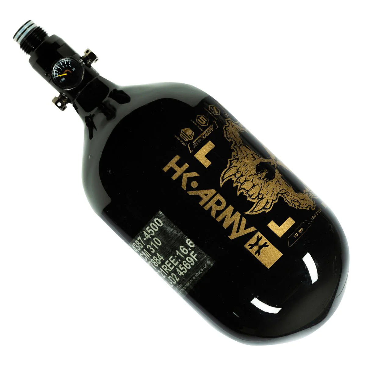 HK Army "Extra Lite" Carbon Fiber Tank - Standard Reg. - Doom -68/4500 PSI - Black/Gold - Image 2