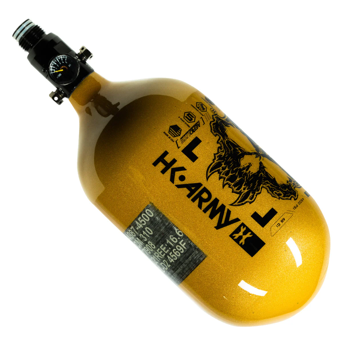 HK Army "Extra Lite" Carbon Fiber Tank - Standard Reg. - Doom -68/4500 PSI - Gold/Black - Image 2
