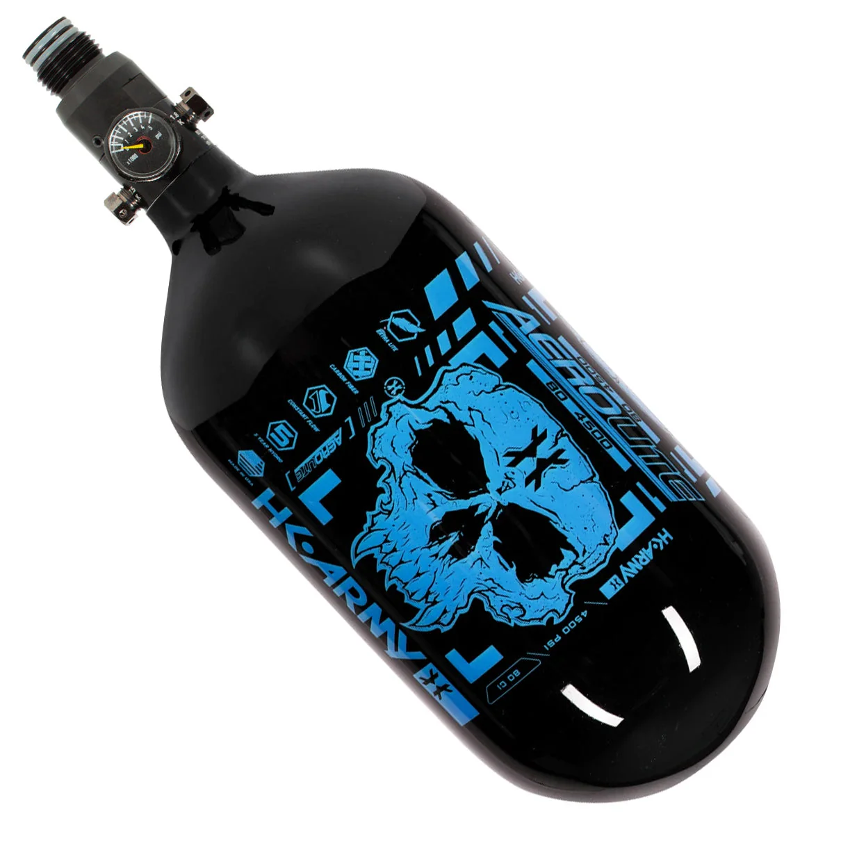 HK Army "Extra Lite" Carbon Fiber Tank - Standard Reg - Doom - 80/4500 PSI - Black/Neon Blue (HYDRO DATE 02/2022)