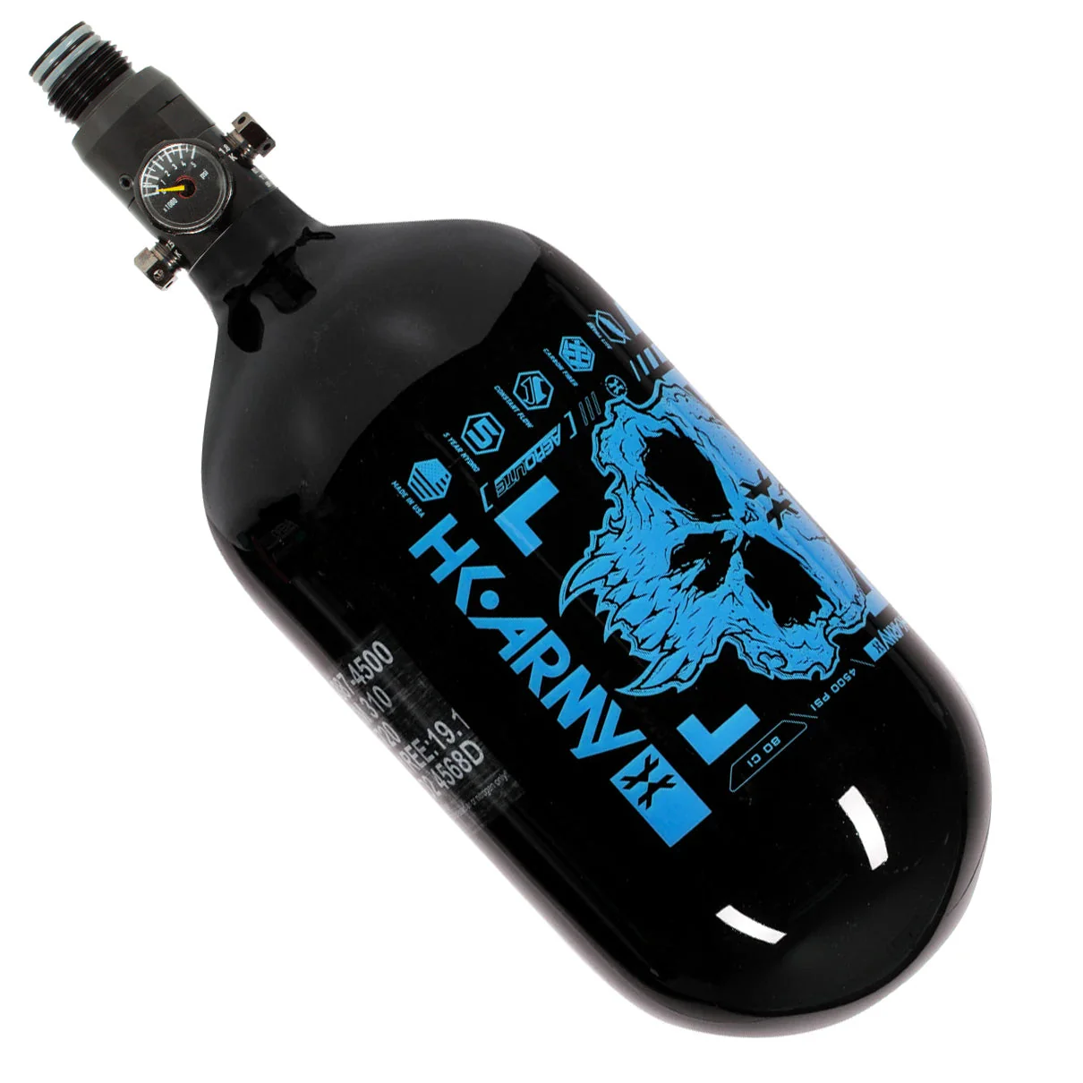 HK Army "Extra Lite" Carbon Fiber Tank - Standard Reg - Doom - 80/4500 PSI - Black/Neon Blue (HYDRO DATE 02/2022) - Image 2