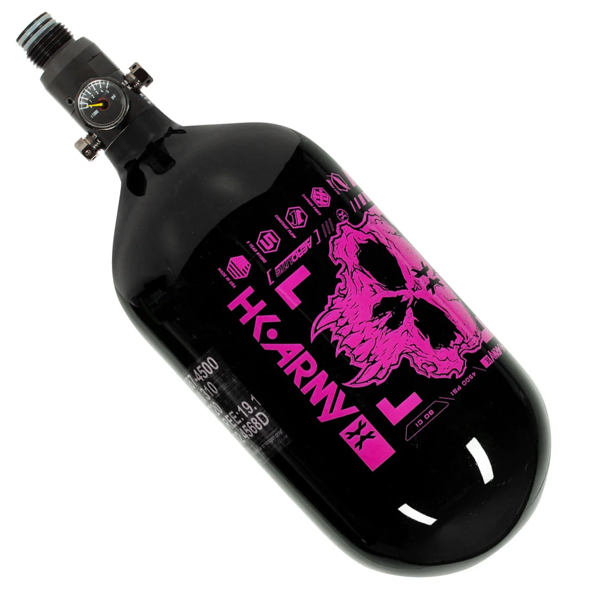 HK Army "Extra Lite" Carbon Fiber Tank - Standard Reg - Doom - 80/4500 PSI - Black/Neon Pink (HYDRO 02/2022) - Image 2