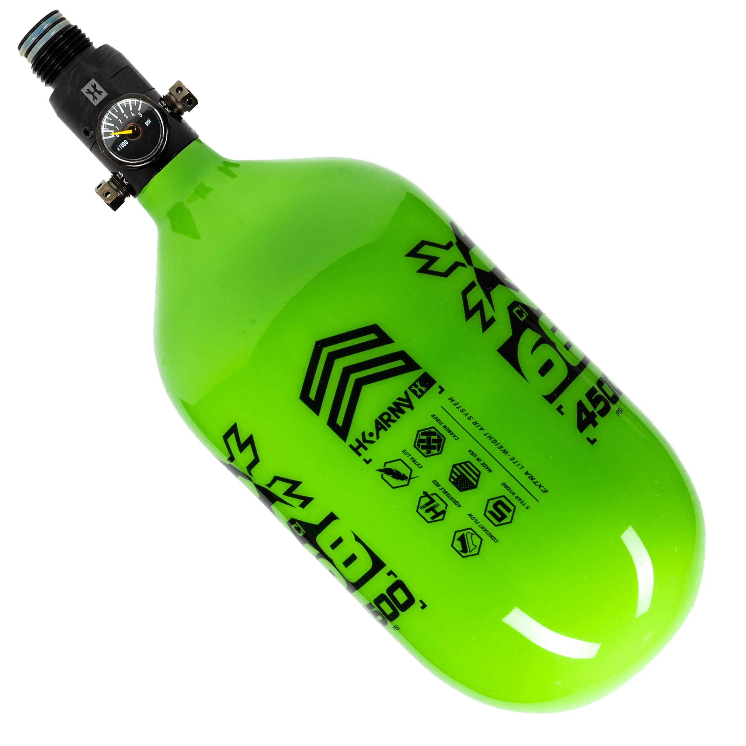 HK Army "Extra Lite" Carbon Fiber Tank - Standard Reg - RUSH - 68/4500 PSI - Neon Green/Black - Image 3