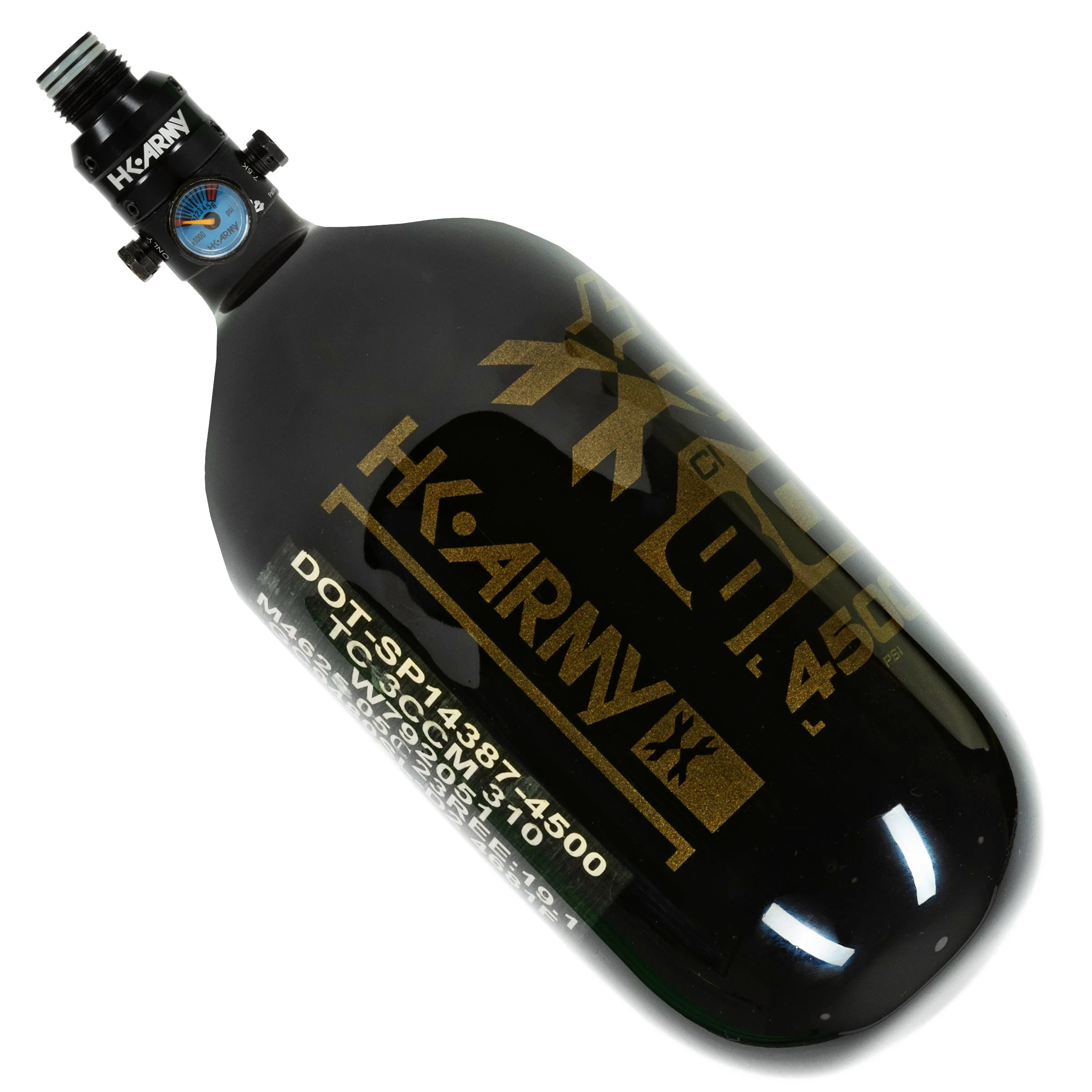 HK Army "Extra Lite" Carbon Fiber Tank - Standard Reg - RUSH - 80/4500 PSI - Black/Gold - Image 2