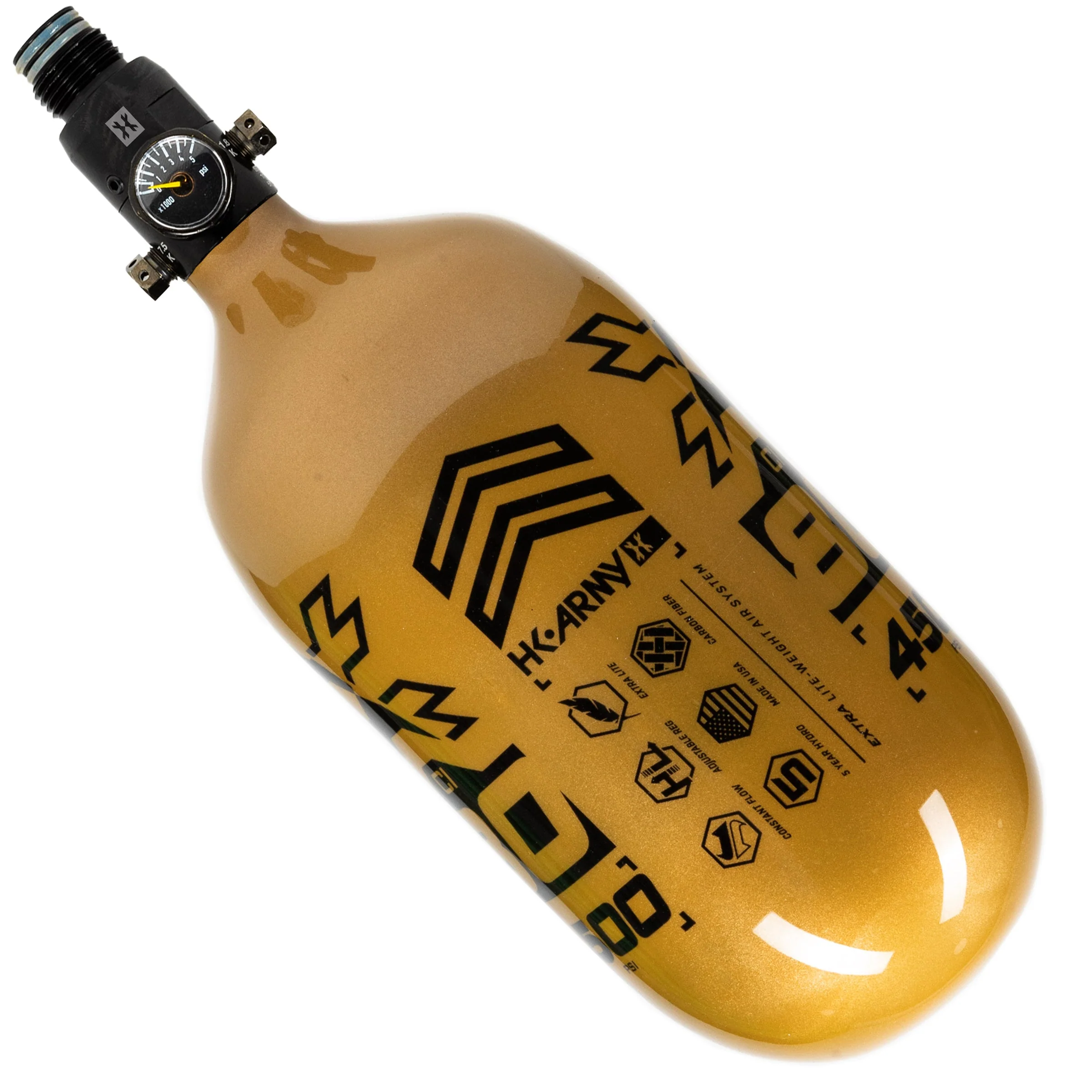HK Army "Extra Lite" Carbon Fiber Tank - Standard Reg - RUSH - 80/4500 PSI - Gold/Black - Image 3