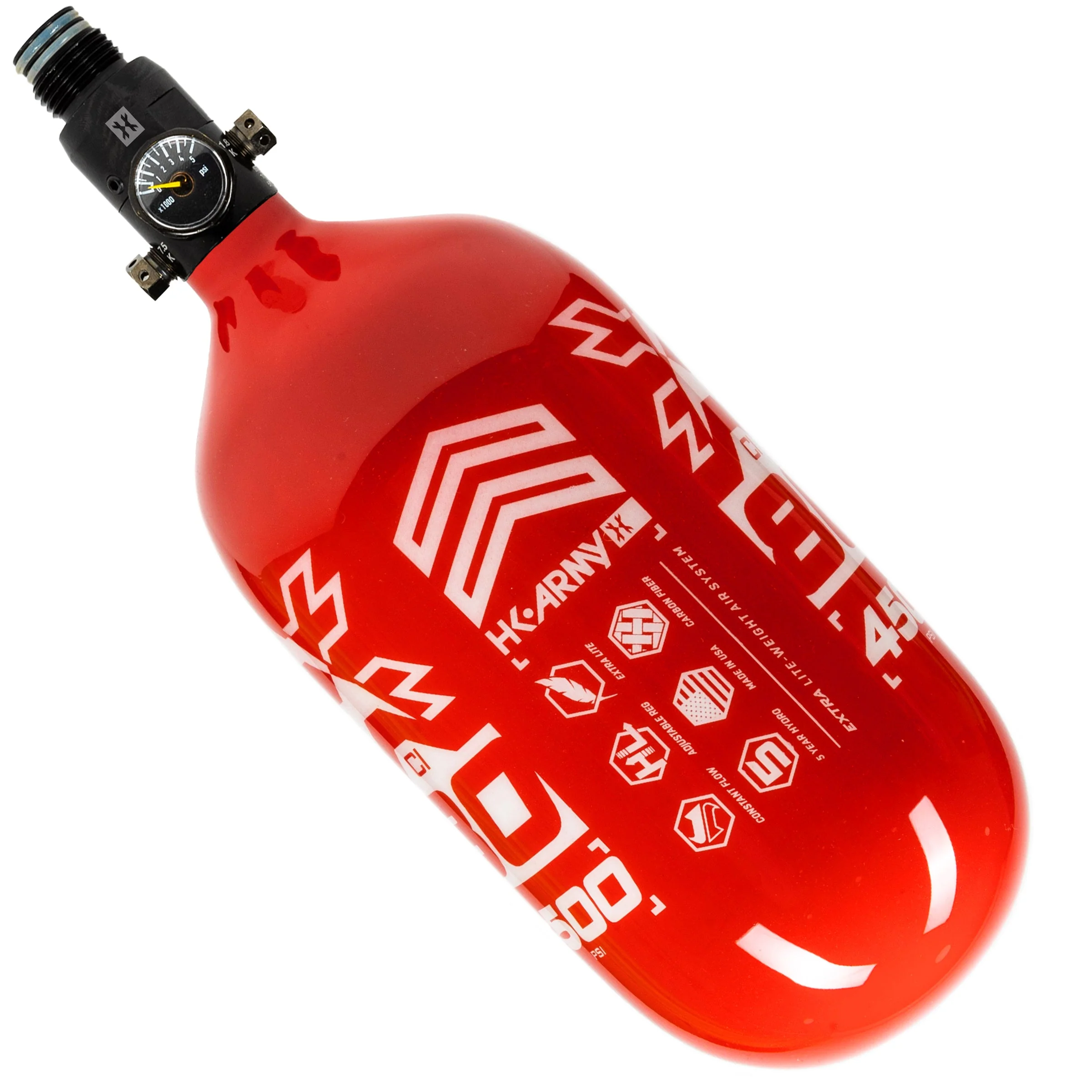 HK Army "Extra Lite" Carbon Fiber Tank - Standard Reg - RUSH - 80/4500 PSI - Red/White - Image 3
