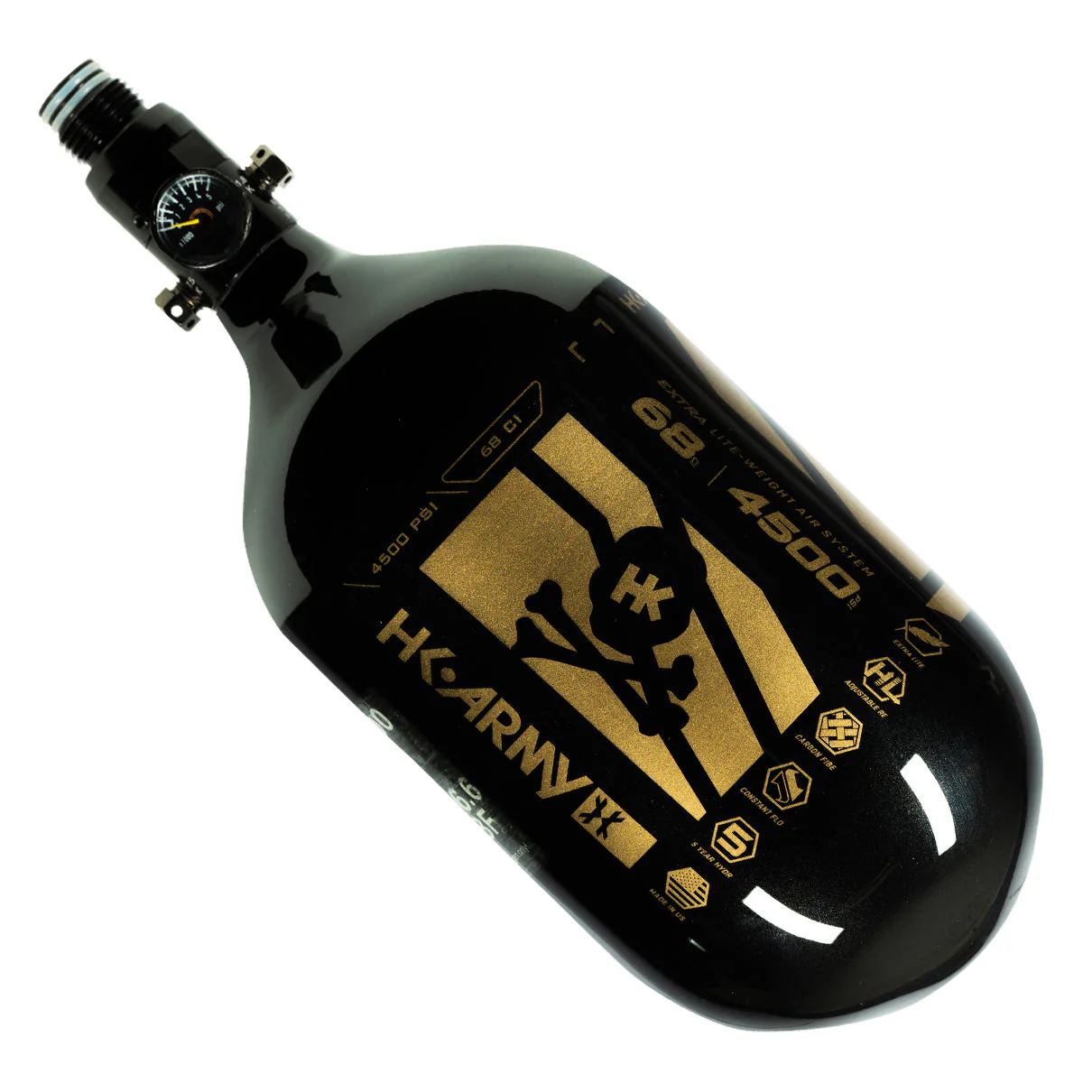 HK Army "Extra Lite" Carbon Fiber Tank - Standard Reg - Slash - 68/4500 PSI -  Metallic Black/Gold - Image 2
