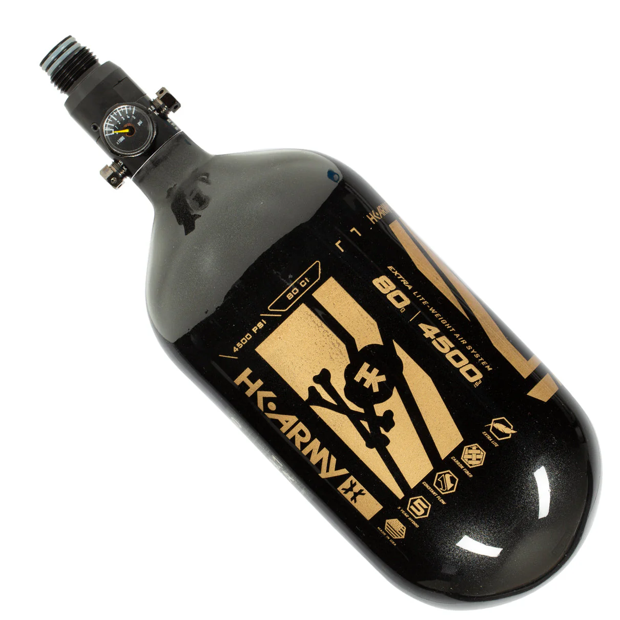 HK Army "Extra Lite" Carbon Fiber Tank - Standard Reg - Slash - 80/4500 PSI -  Metallic Black/Gold - Image 2