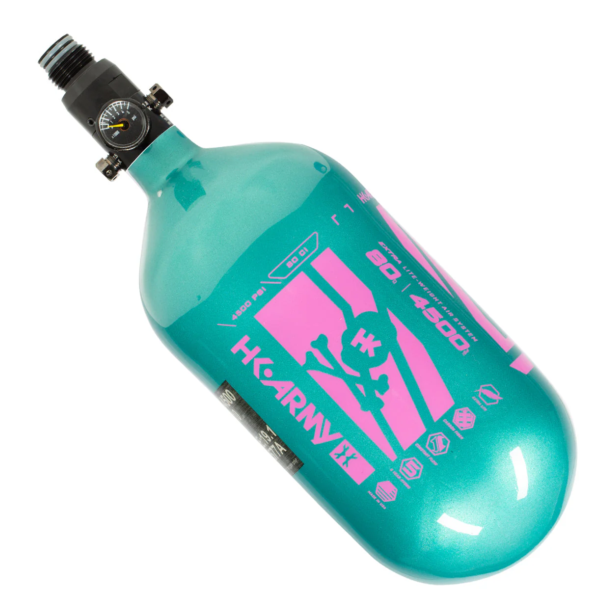 HK Army "Extra Lite" Carbon Fiber Tank - Standard Reg - Slash - 80/4500 PSI -  Metallic Turquoise/Pink (HYDRO DATE 02/2022) - Image 2