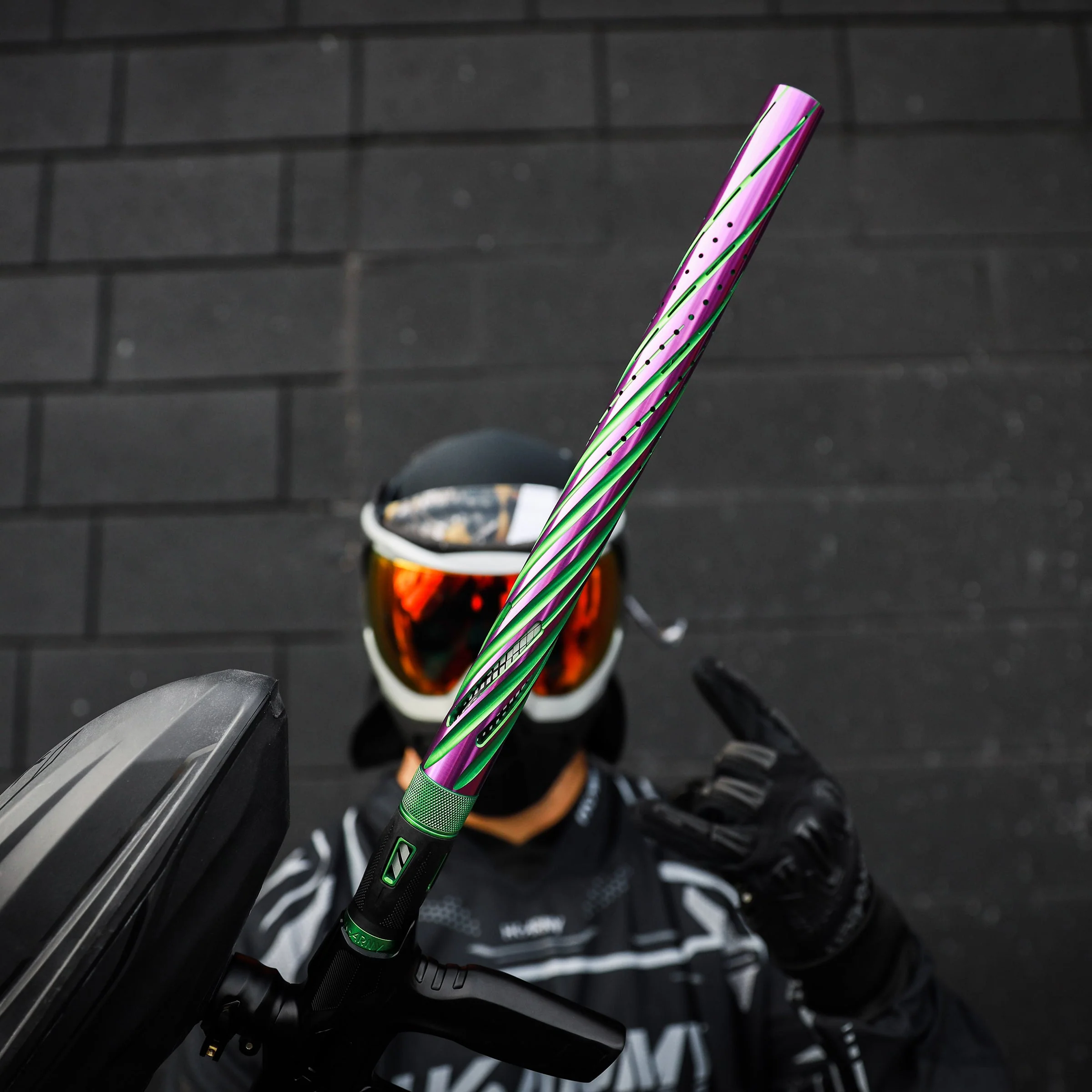 HK Army LAZR Barrel Kit - Elite Orbit - Autococker Thread - Dust Green/Purple - Black Inserts - Image 3