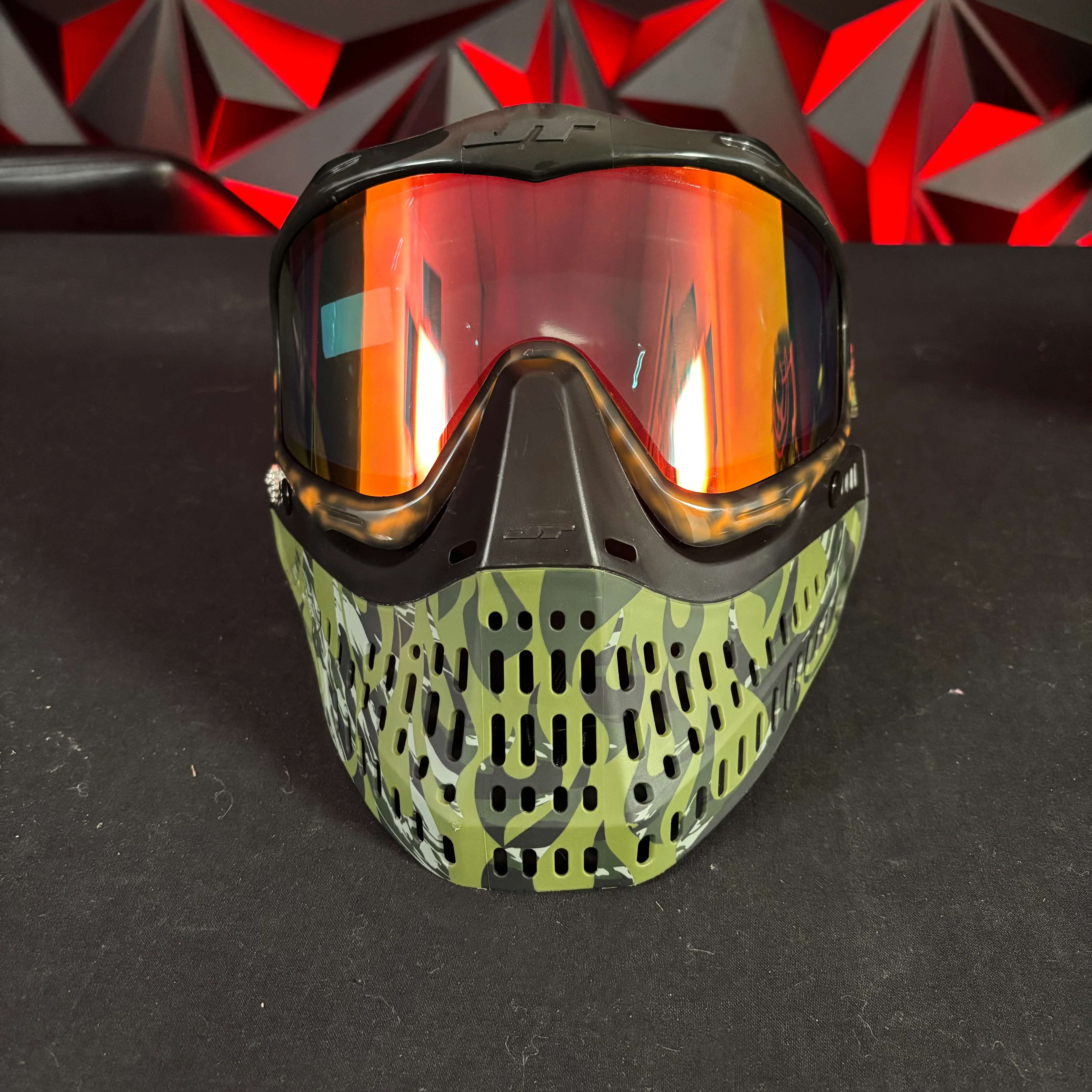 Used JT Proflex Paintball Mask - Custom #5 Black/Orange Cheeta /w Green tiger strip Bottoms and Black ears *Custom* - Image 2
