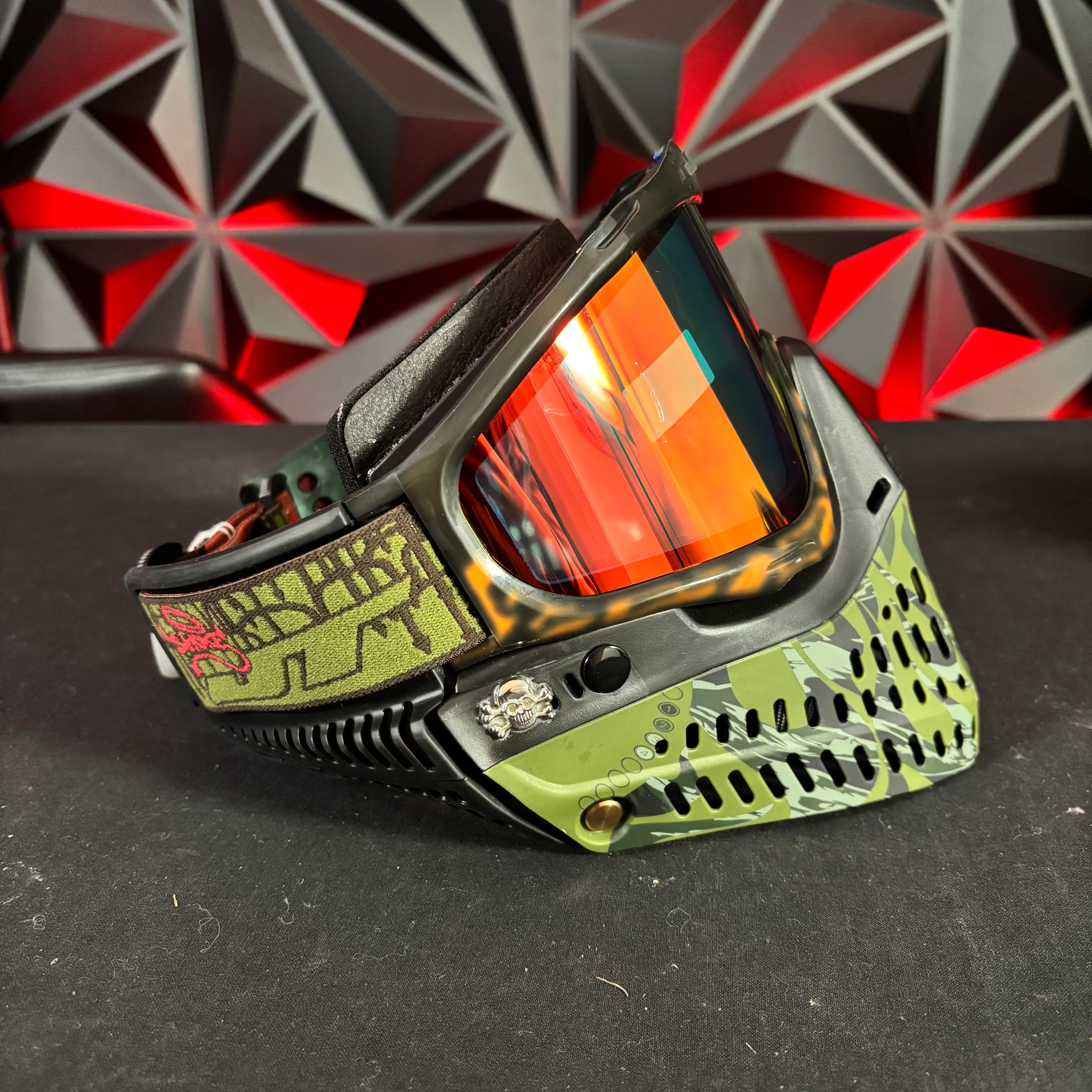 Used JT Proflex Paintball Mask - Custom #5 Black/Orange Cheeta /w Green tiger strip Bottoms and Black ears *Custom* - Image 3