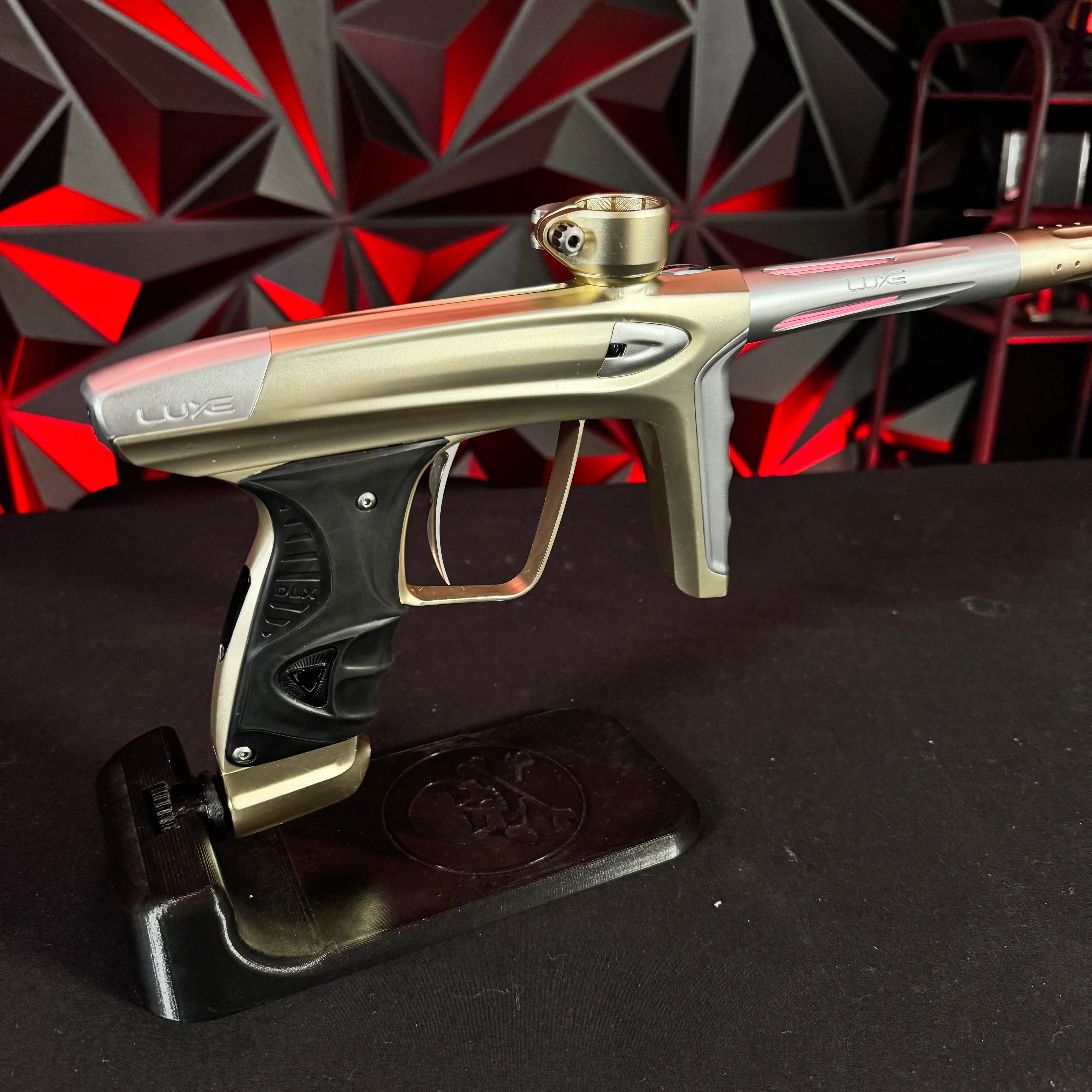Used DLX Luxe Ice Paintball Gun - Dust Gold/Silver w/ Deuce Trigger, Rubber Front & Back grip, & Extra Battery - Image 2