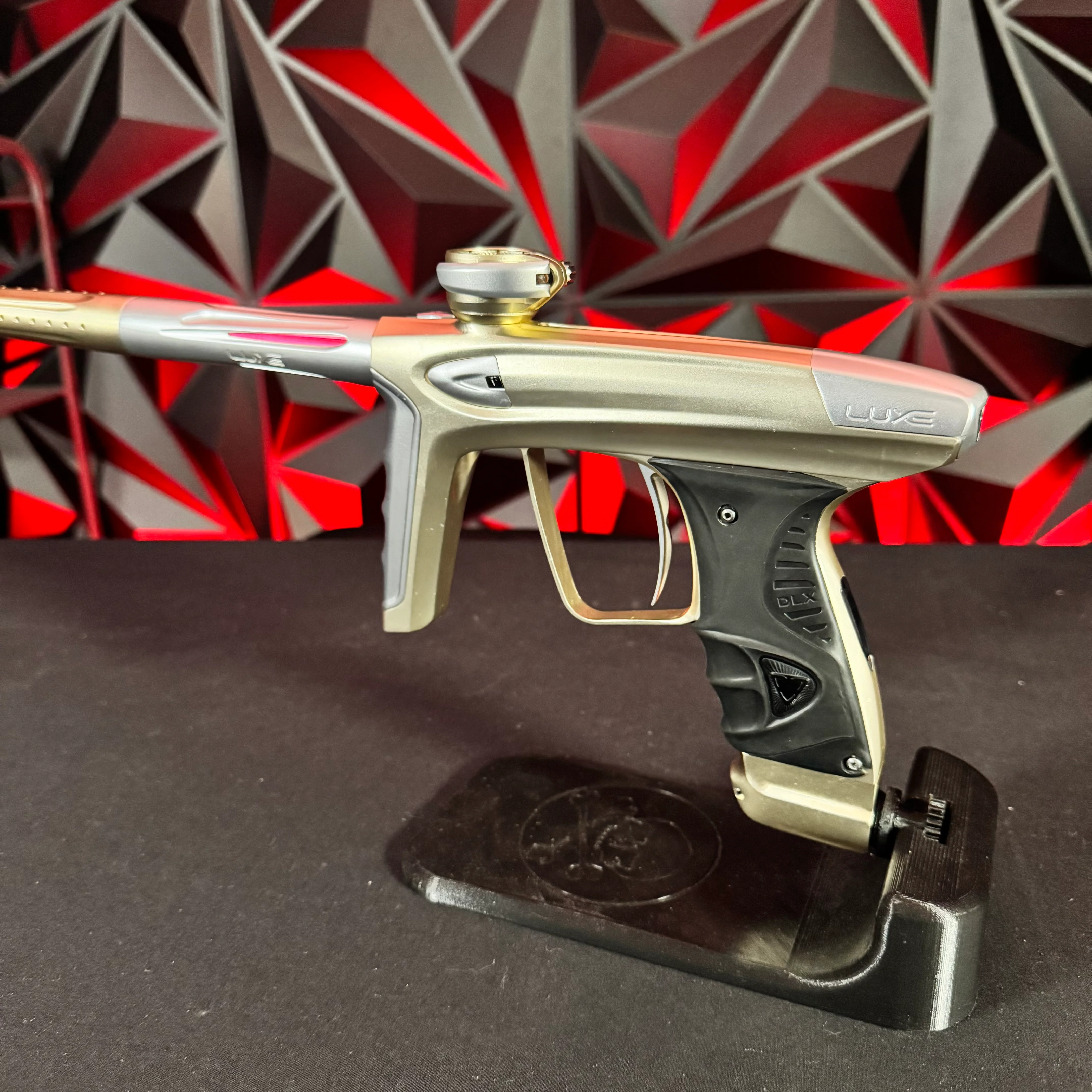 Used DLX Luxe Ice Paintball Gun - Dust Gold/Silver w/ Deuce Trigger, Rubber Front & Back grip, & Extra Battery - Image 3