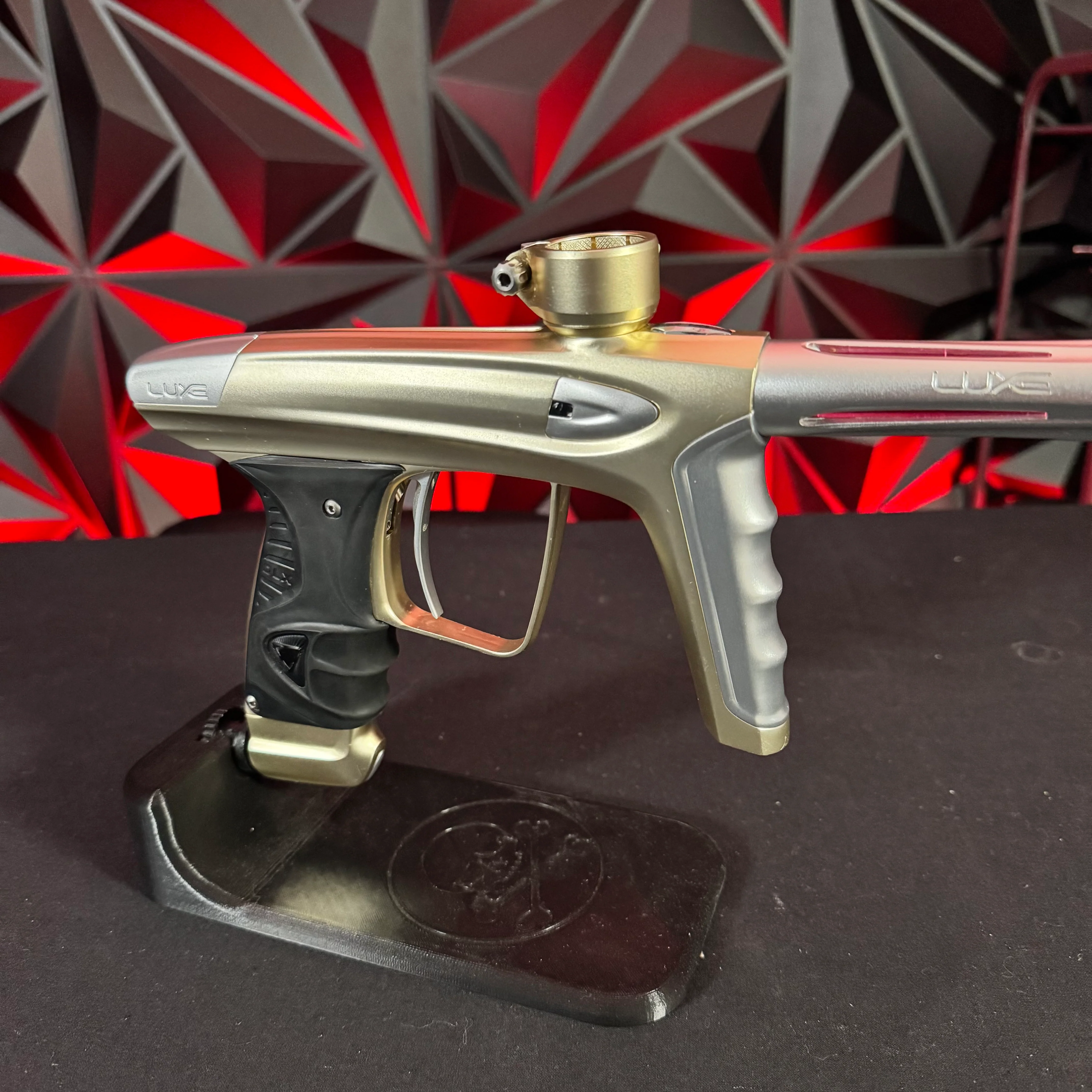 Used DLX Luxe Ice Paintball Gun - Dust Gold/Silver w/ Deuce Trigger, Rubber Front & Back grip, & Extra Battery - Image 4