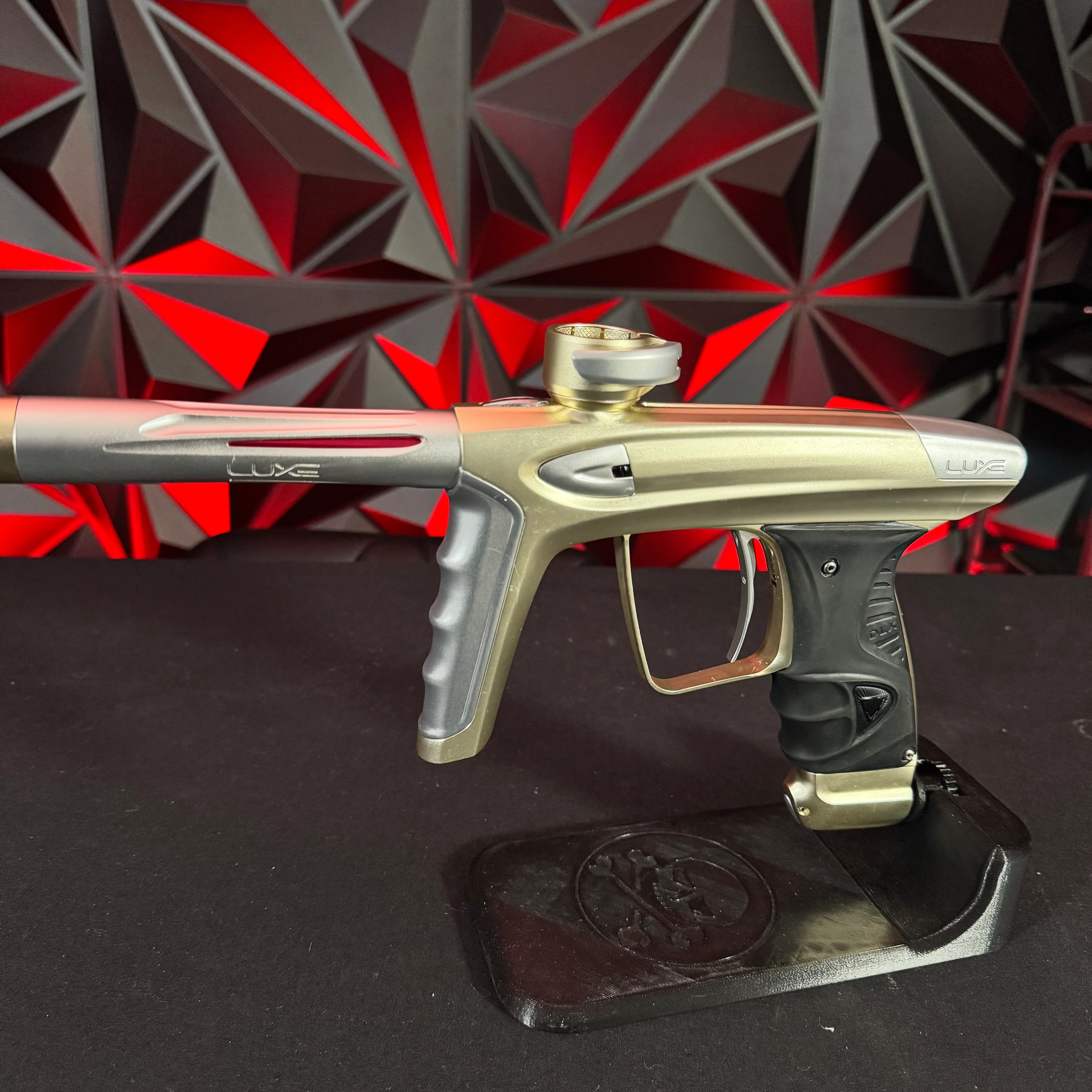 Used DLX Luxe Ice Paintball Gun - Dust Gold/Silver w/ Deuce Trigger, Rubber Front & Back grip, & Extra Battery - Image 5