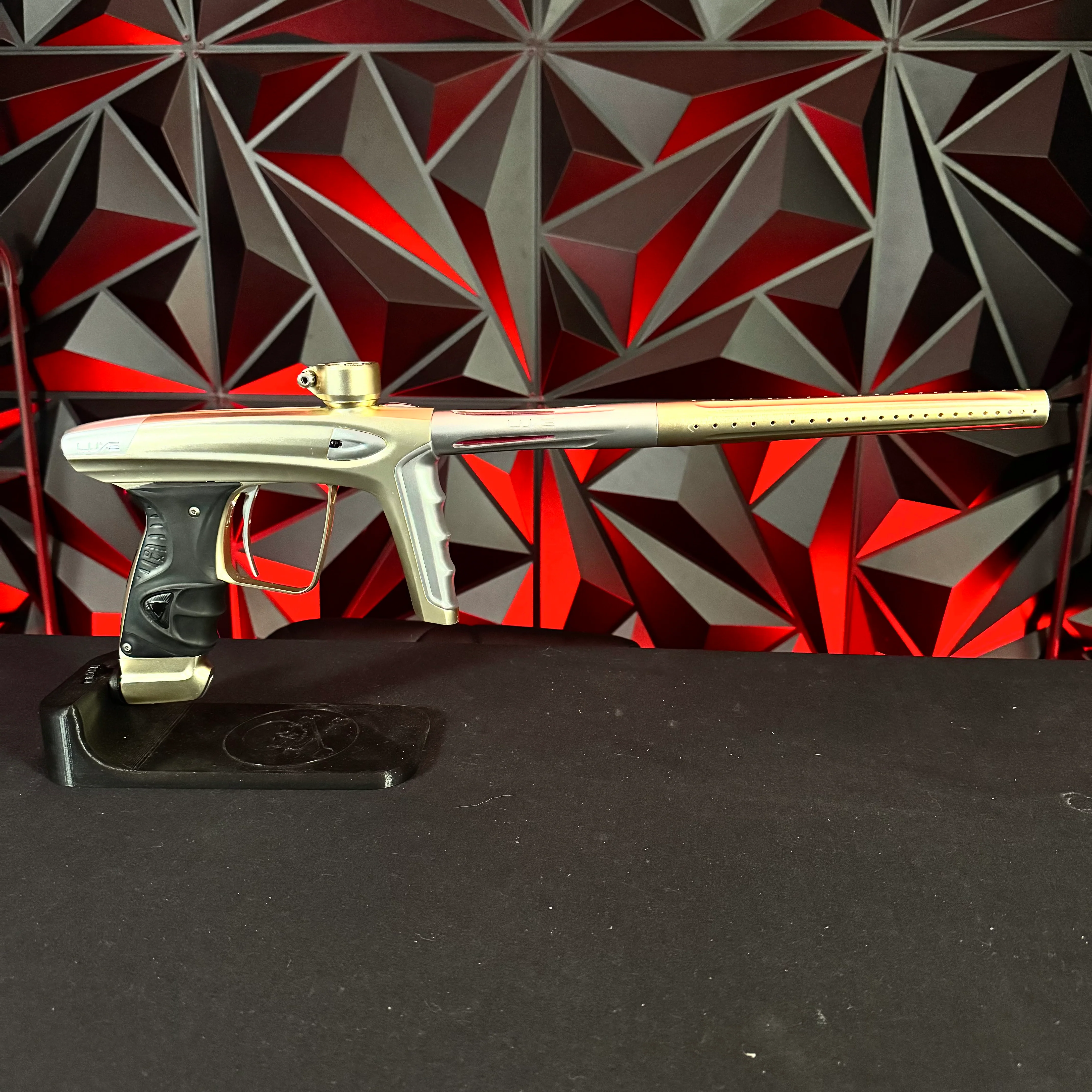 Used DLX Luxe Ice Paintball Gun - Dust Gold/Silver w/ Deuce Trigger, Rubber Front & Back grip, & Extra Battery - Image 6