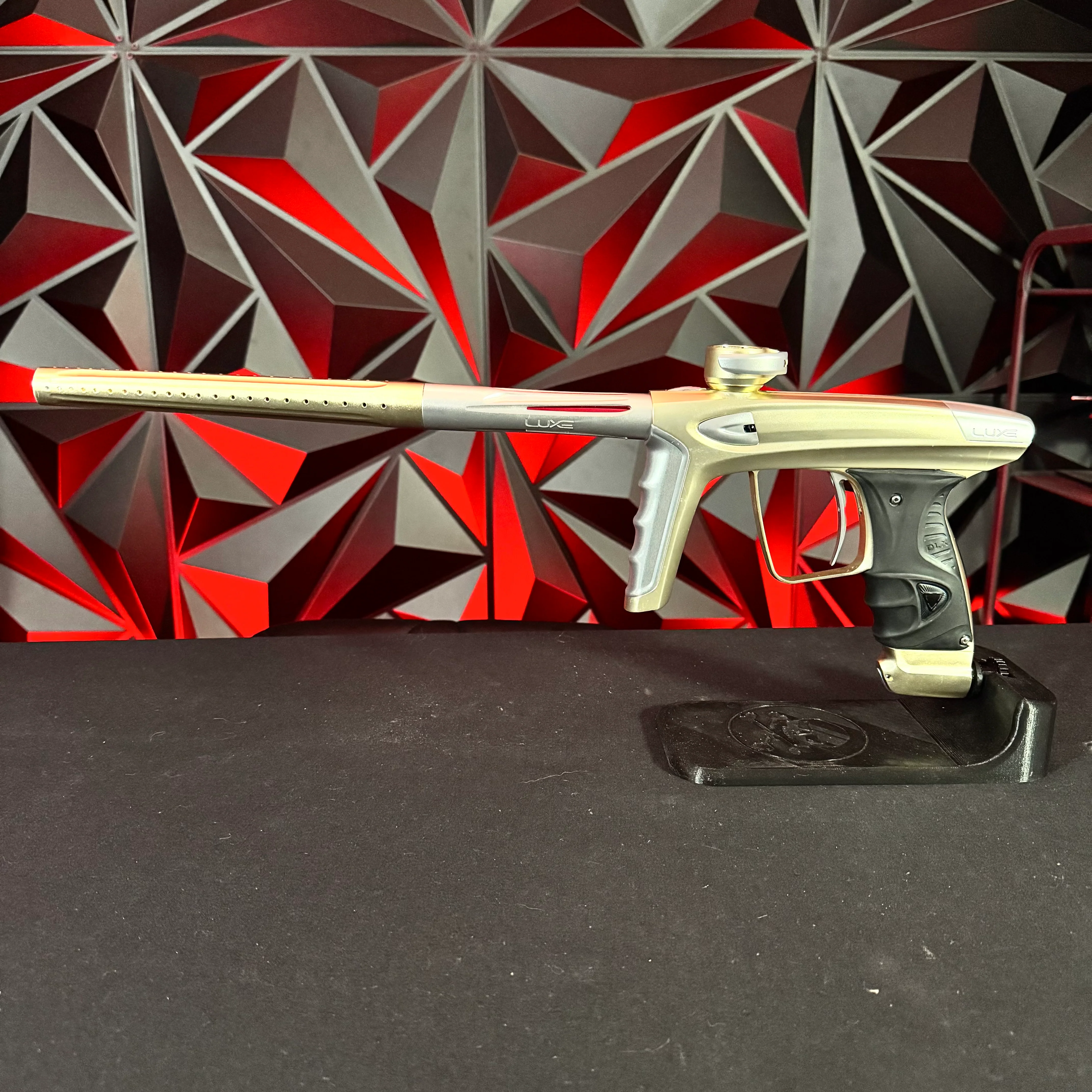 Used DLX Luxe Ice Paintball Gun - Dust Gold/Silver w/ Deuce Trigger, Rubber Front & Back grip, & Extra Battery - Image 7