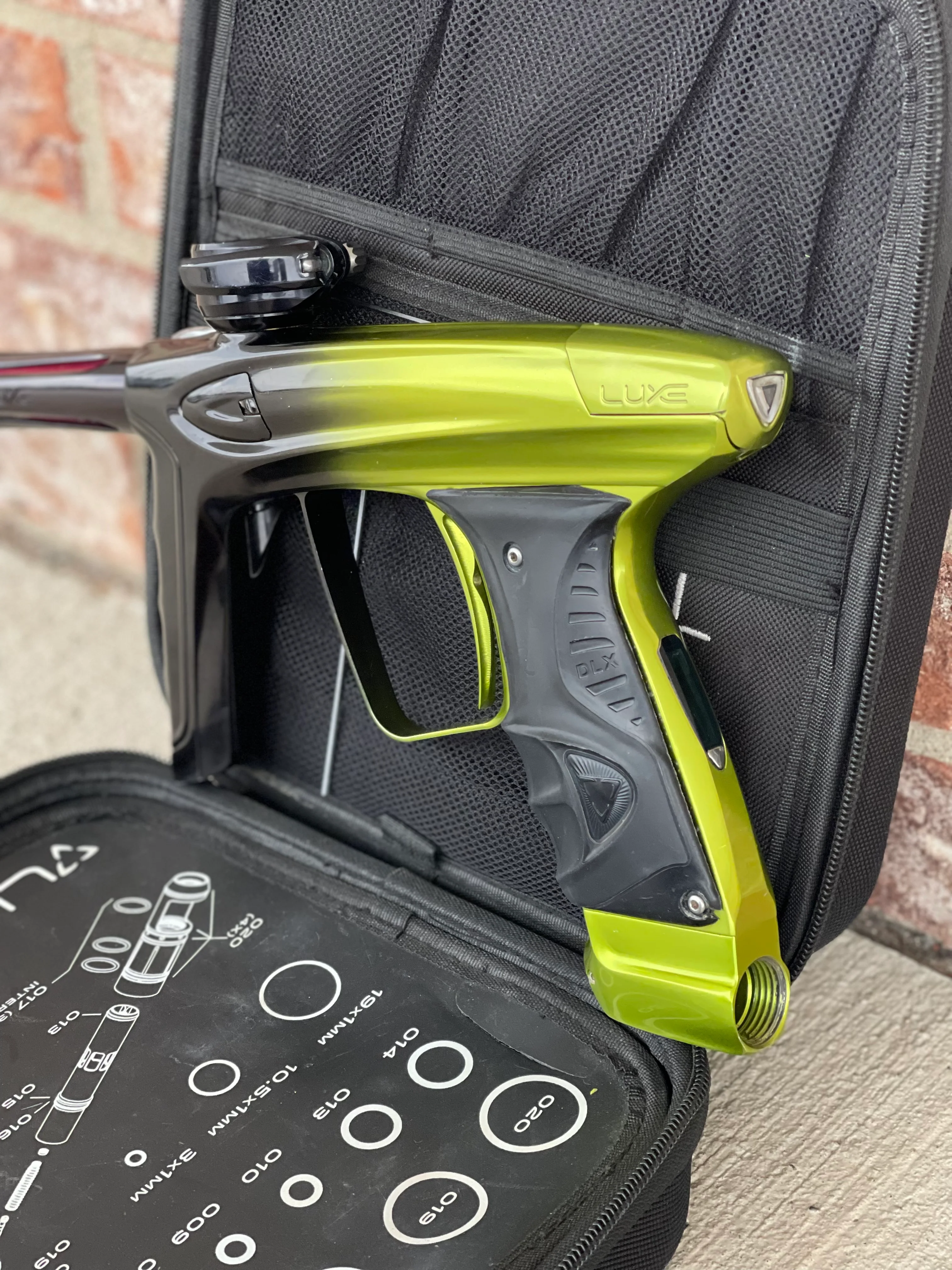 Used DLX Luxe Ice Paintball Gun - Limited Edition *1 of 10* Black/Slime Green w/ Black and Tan Back Grip - Image 2