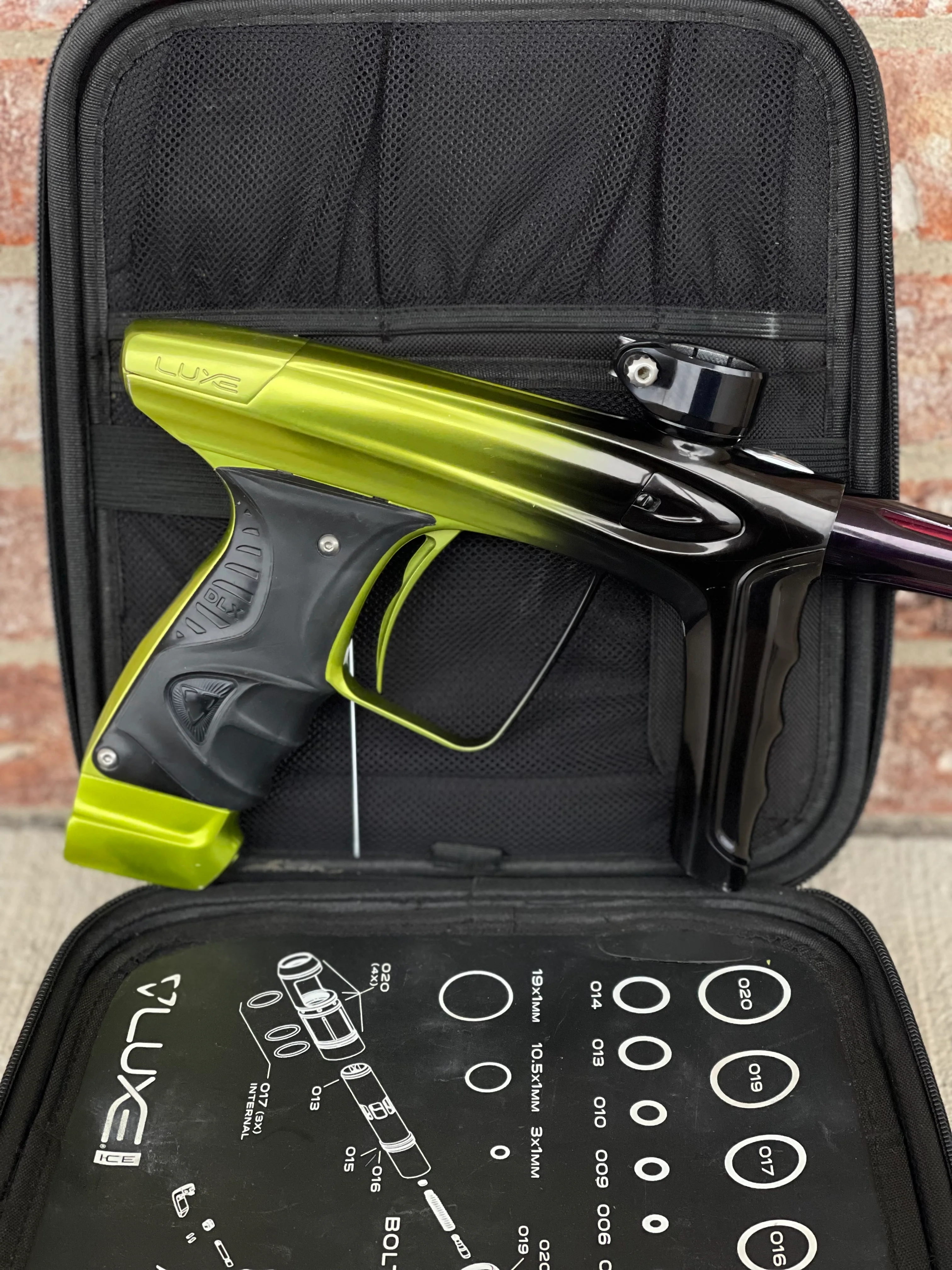 Used DLX Luxe Ice Paintball Gun - Limited Edition *1 of 10* Black/Slime Green w/ Black and Tan Back Grip - Image 5
