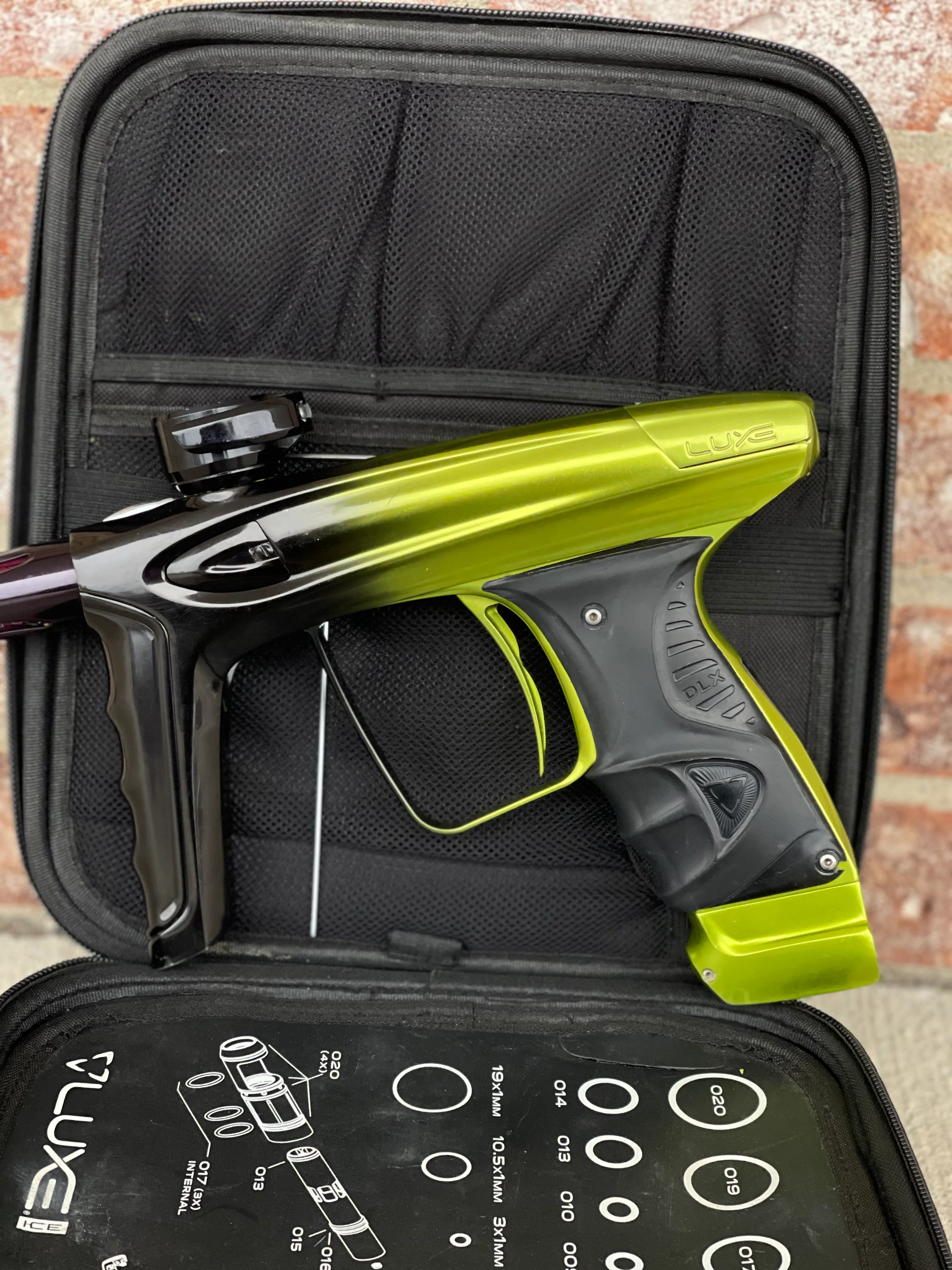 Used DLX Luxe Ice Paintball Gun - Limited Edition *1 of 10* Black/Slime Green w/ Black and Tan Back Grip - Image 6