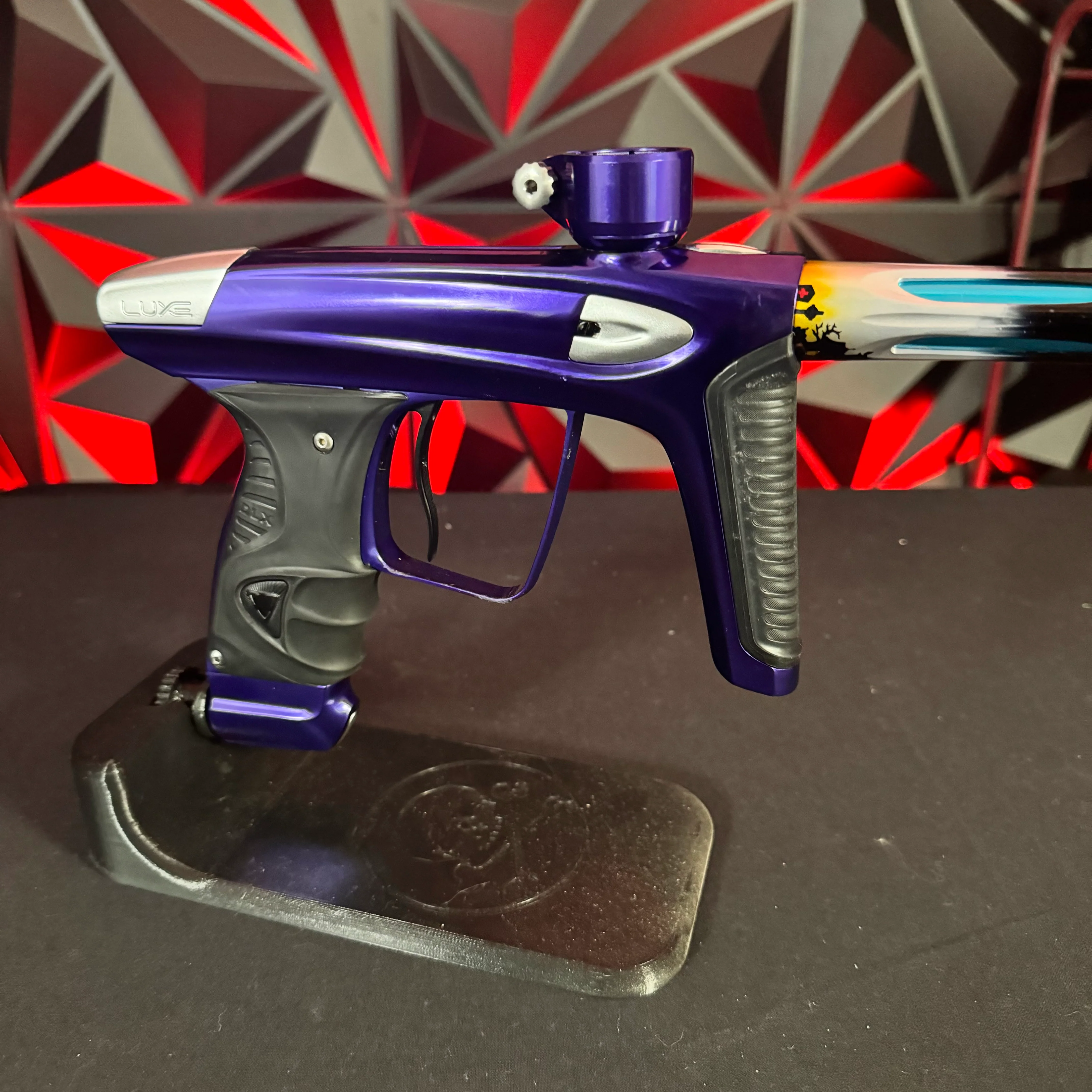 Used DLX Luxe ICE Paintball Gun - Polished Purple/Polished Silver w/ Custom Anno'd Freak Back, Encore Bolt, Scythe Trigger - Image 4