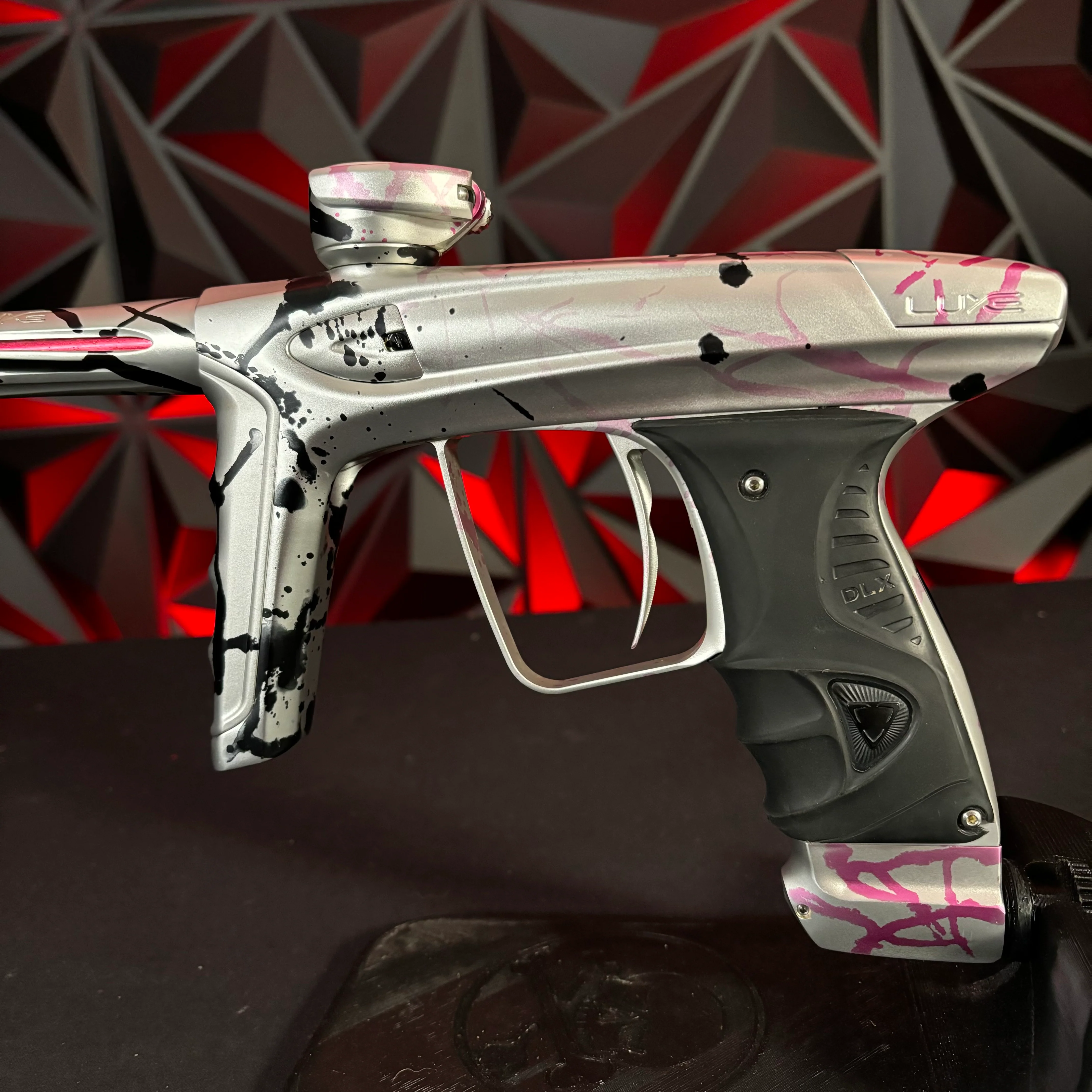 Used DLX Luxe ICE Paintball Gun - Silver/Pink and Black Splash #1 of 15 w/Encore Bolt, Adrenaline ASA, 3 Triggers, and Extra Grip Plates - Image 3