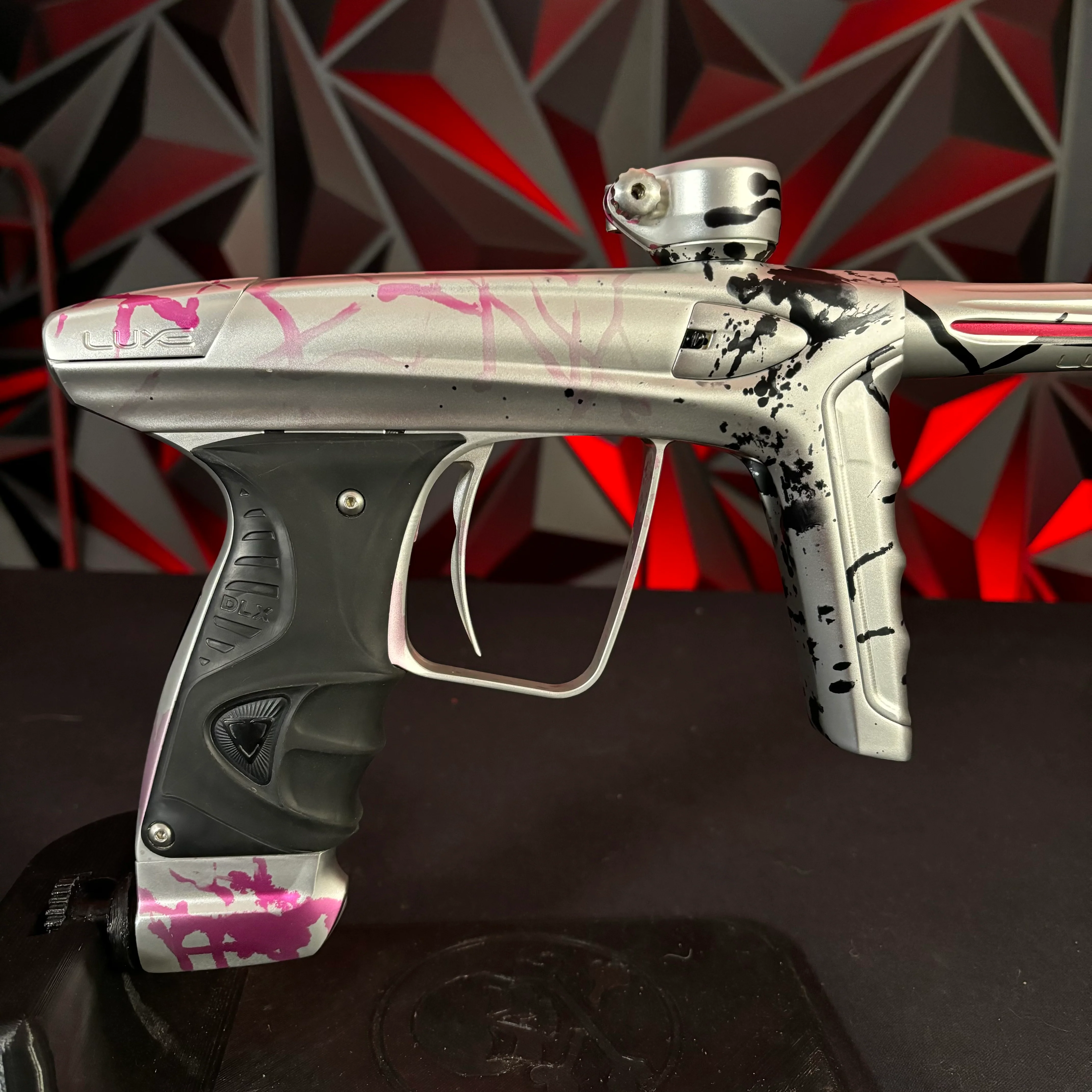 Used DLX Luxe ICE Paintball Gun - Silver/Pink and Black Splash #1 of 15 w/Encore Bolt, Adrenaline ASA, 3 Triggers, and Extra Grip Plates - Image 4