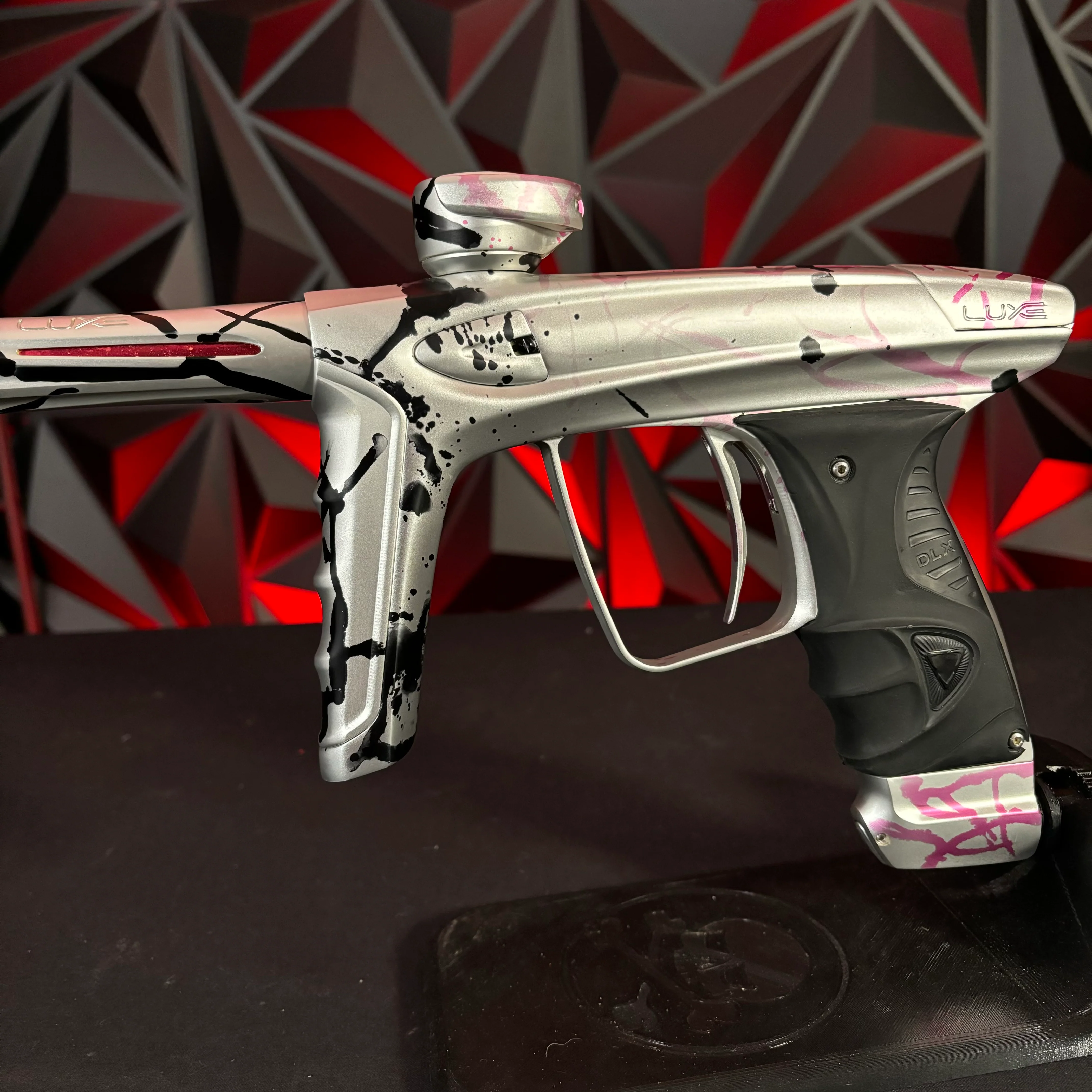 Used DLX Luxe ICE Paintball Gun - Silver/Pink and Black Splash #1 of 15 w/Encore Bolt, Adrenaline ASA, 3 Triggers, and Extra Grip Plates - Image 5
