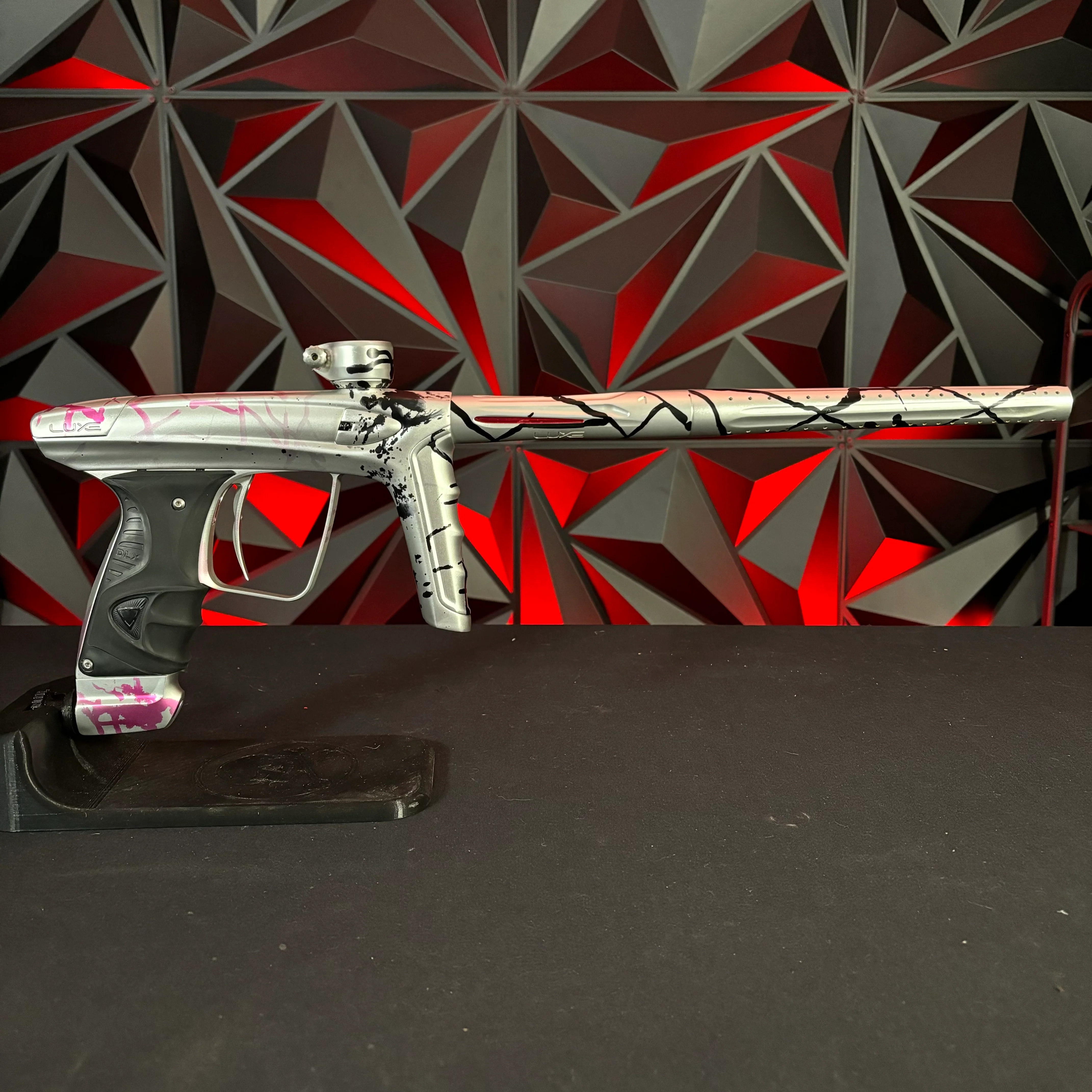 Used DLX Luxe ICE Paintball Gun - Silver/Pink and Black Splash #1 of 15 w/Encore Bolt, Adrenaline ASA, 3 Triggers, and Extra Grip Plates - Image 6