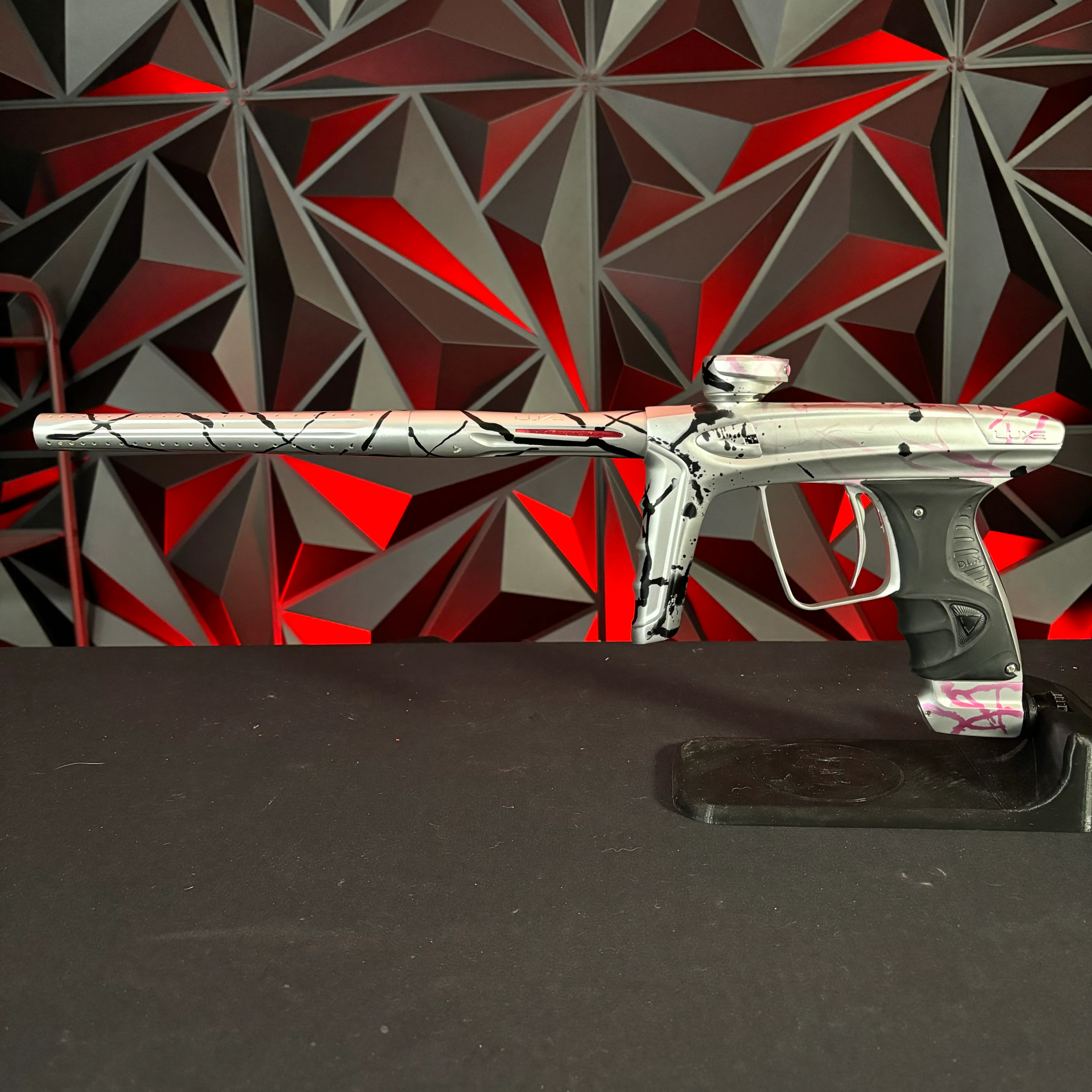 Used DLX Luxe ICE Paintball Gun - Silver/Pink and Black Splash #1 of 15 w/Encore Bolt, Adrenaline ASA, 3 Triggers, and Extra Grip Plates - Image 7