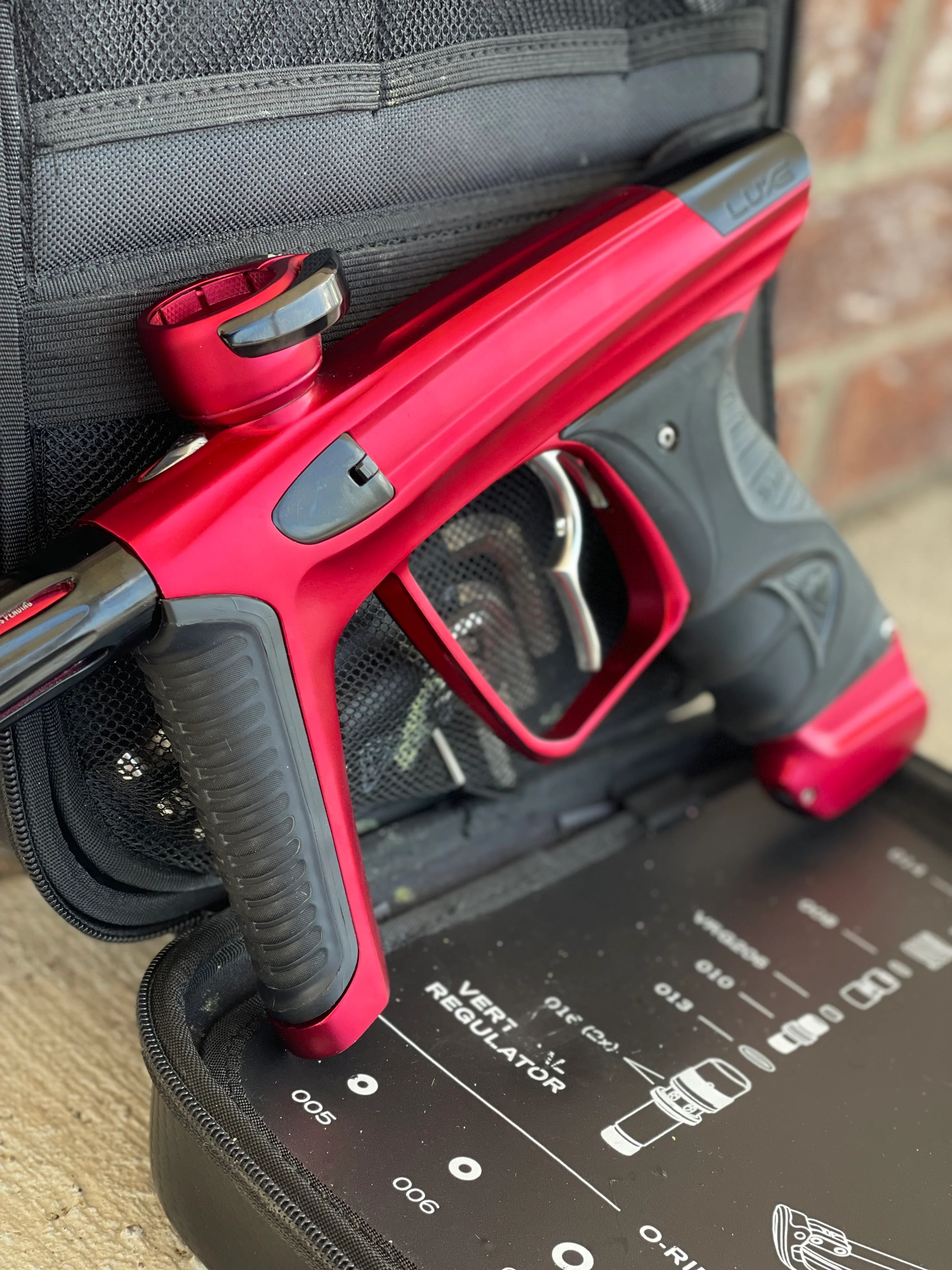 Used DLX Luxe X Paintball Gun - Dust Red w/ Infamous Deuce Trigger - Image 4