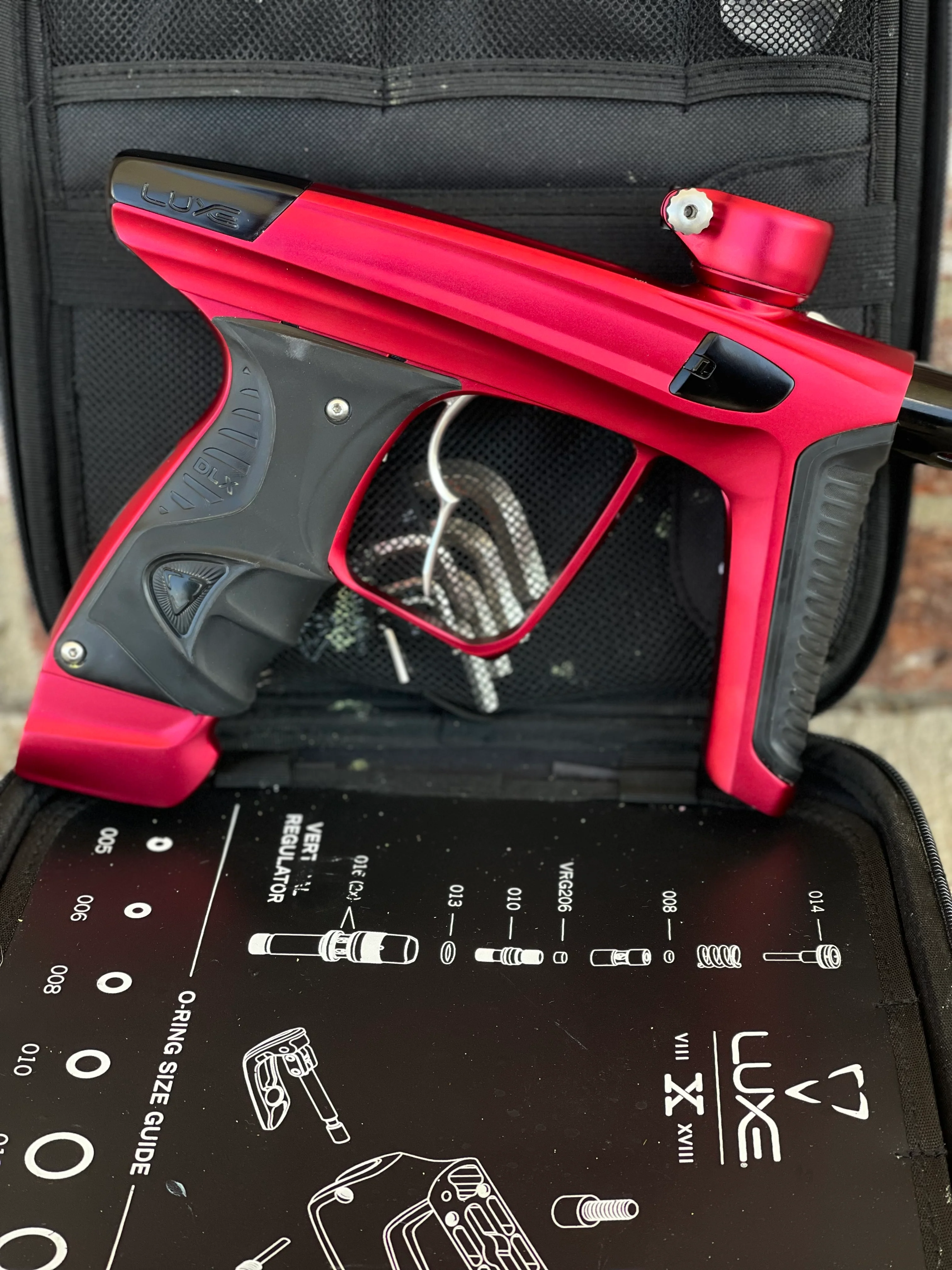 Used DLX Luxe X Paintball Gun - Dust Red w/ Infamous Deuce Trigger - Image 5