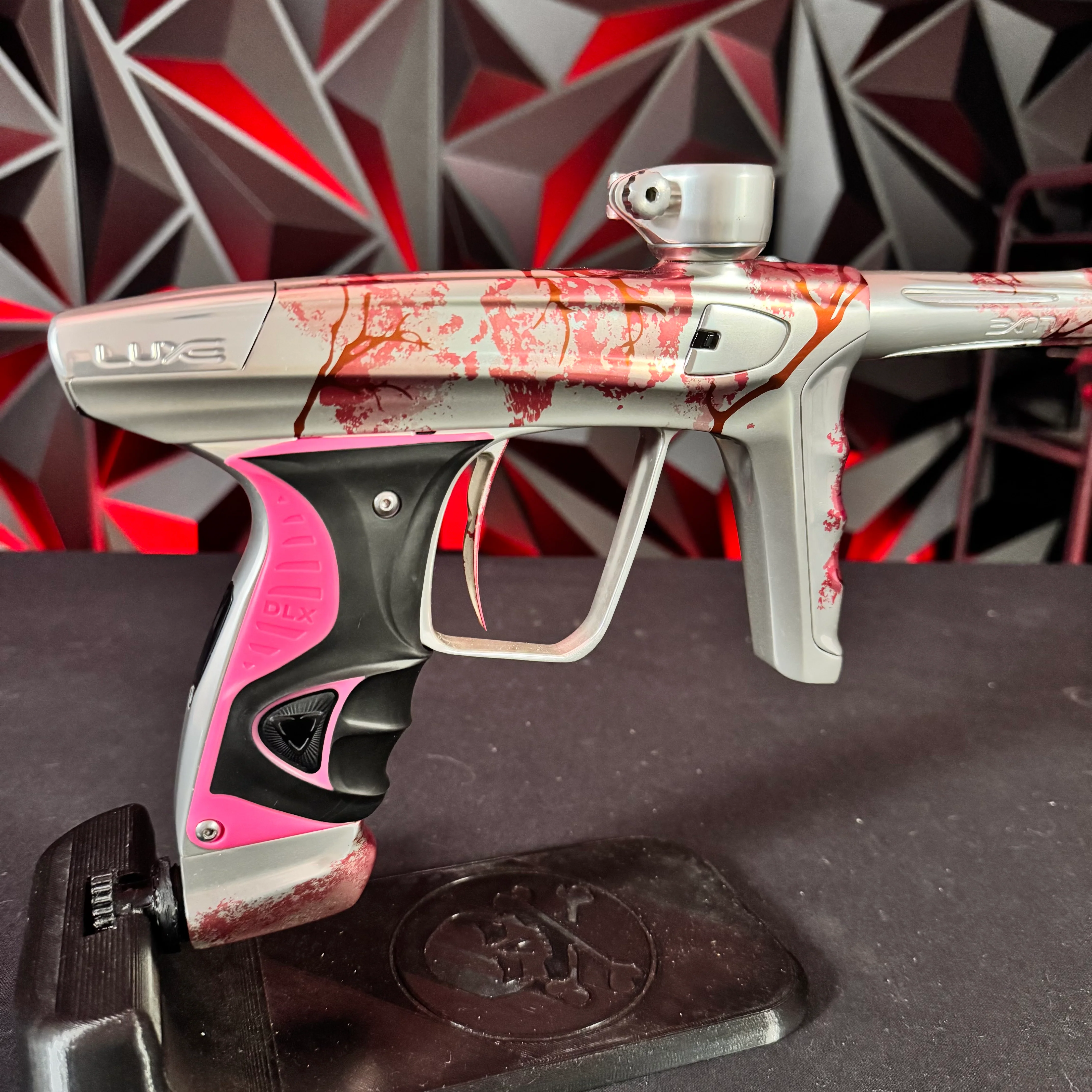 Used DLX Luxe X Paintball Gun - Gloss Silver Cherry Blossom w/ Deuce Trigger - Image 2