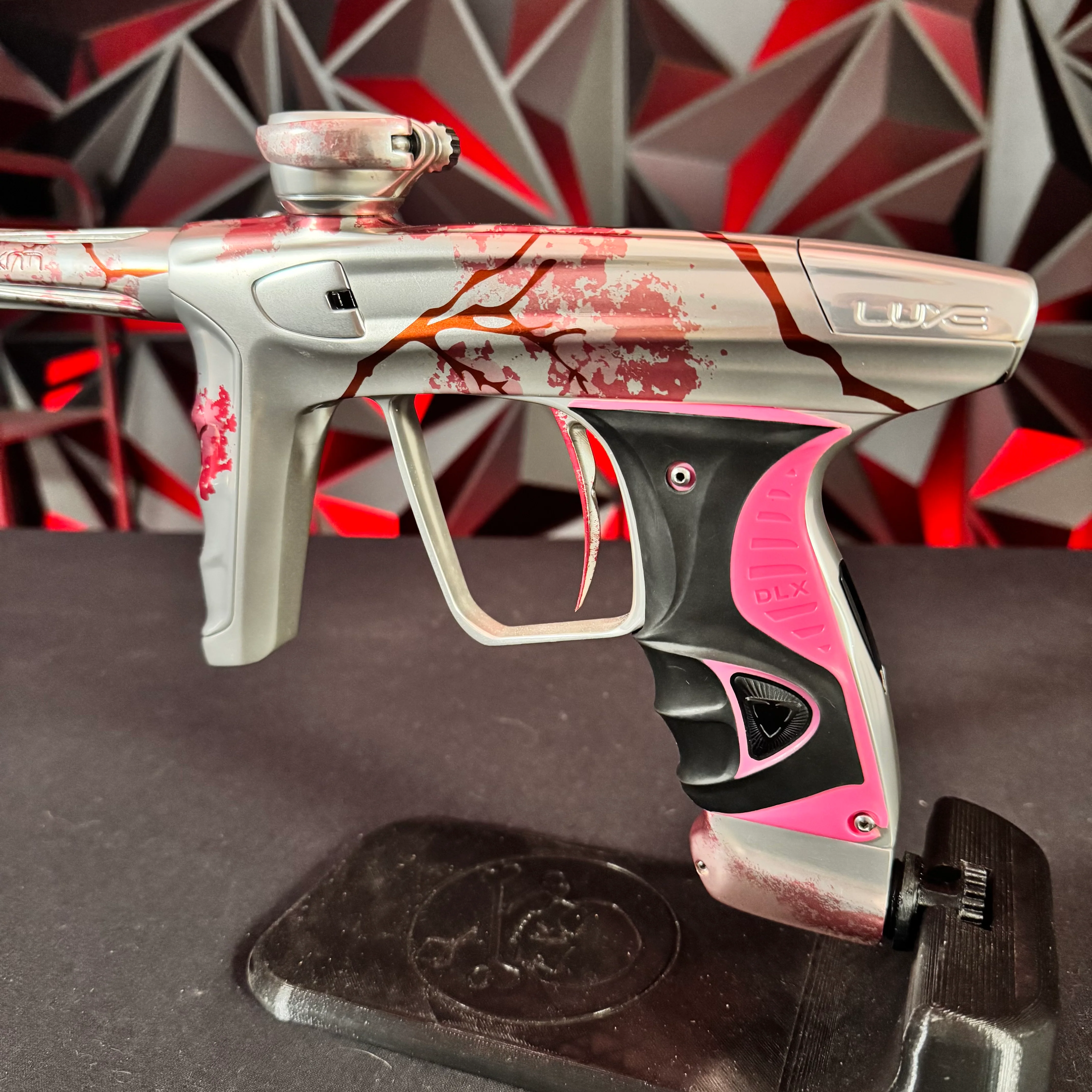 Used DLX Luxe X Paintball Gun - Gloss Silver Cherry Blossom w/ Deuce Trigger - Image 3