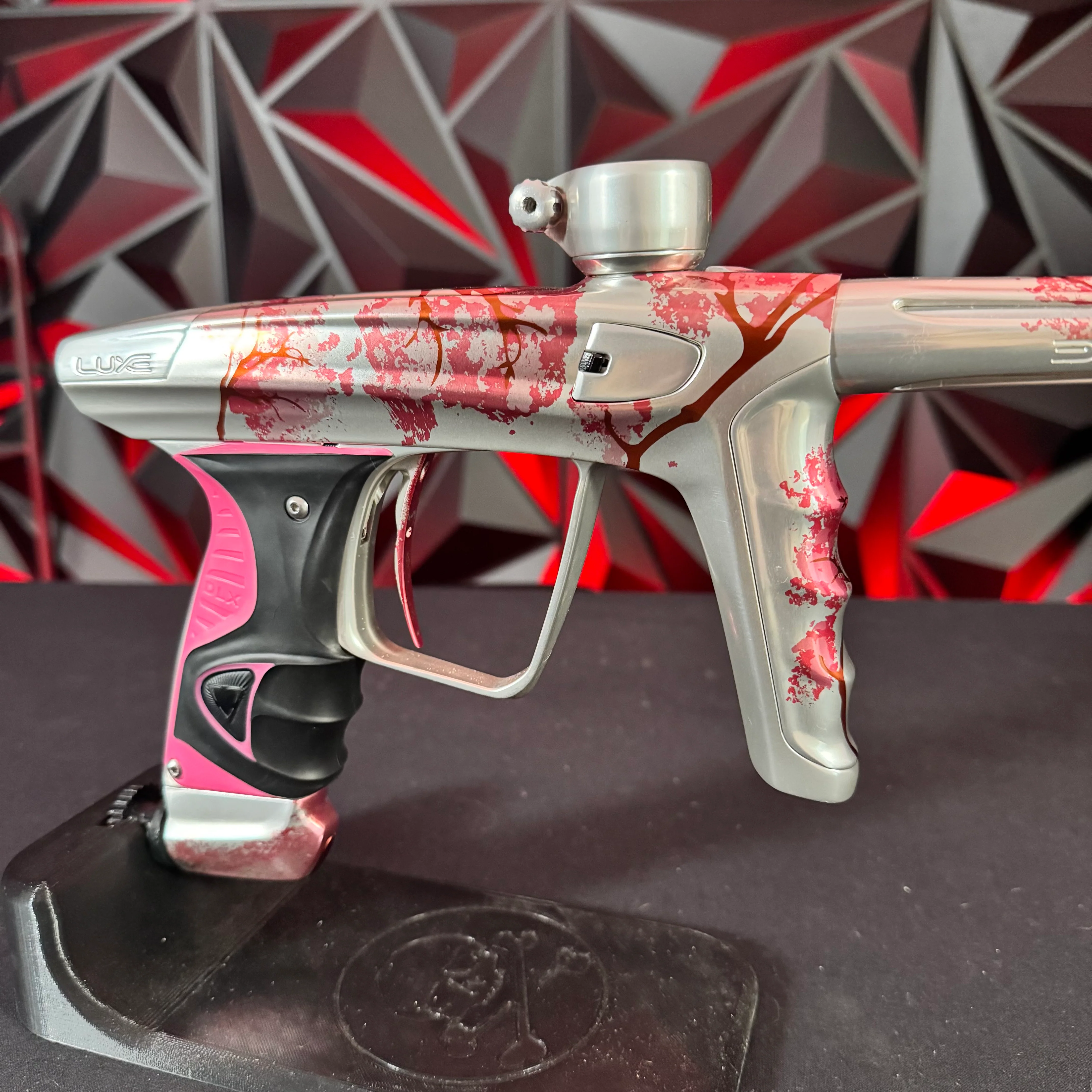 Used DLX Luxe X Paintball Gun - Gloss Silver Cherry Blossom w/ Deuce Trigger - Image 4