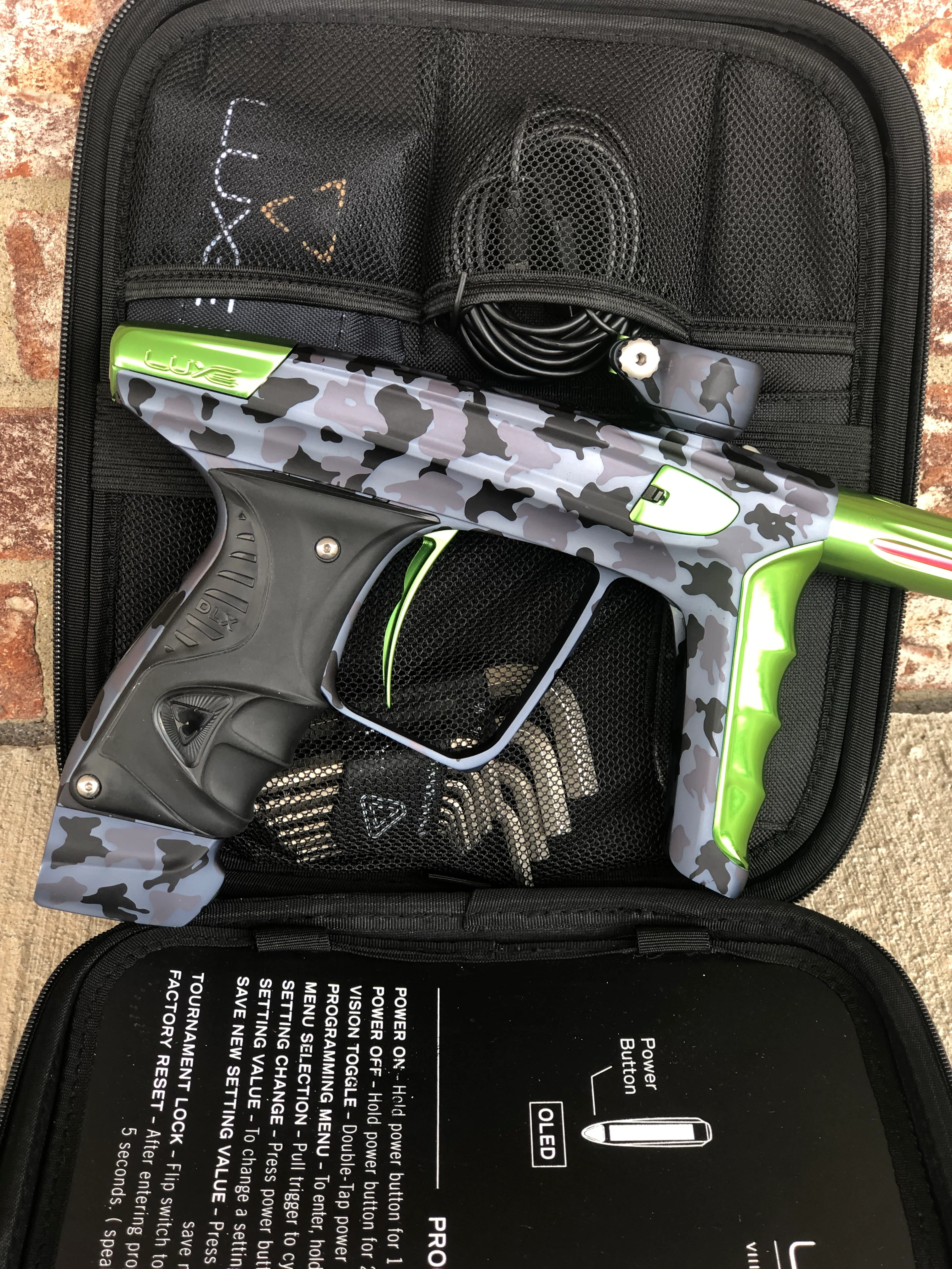 Used DLX Luxe X Paintball Gun - Urban Camo with Lime Accents - Image 2