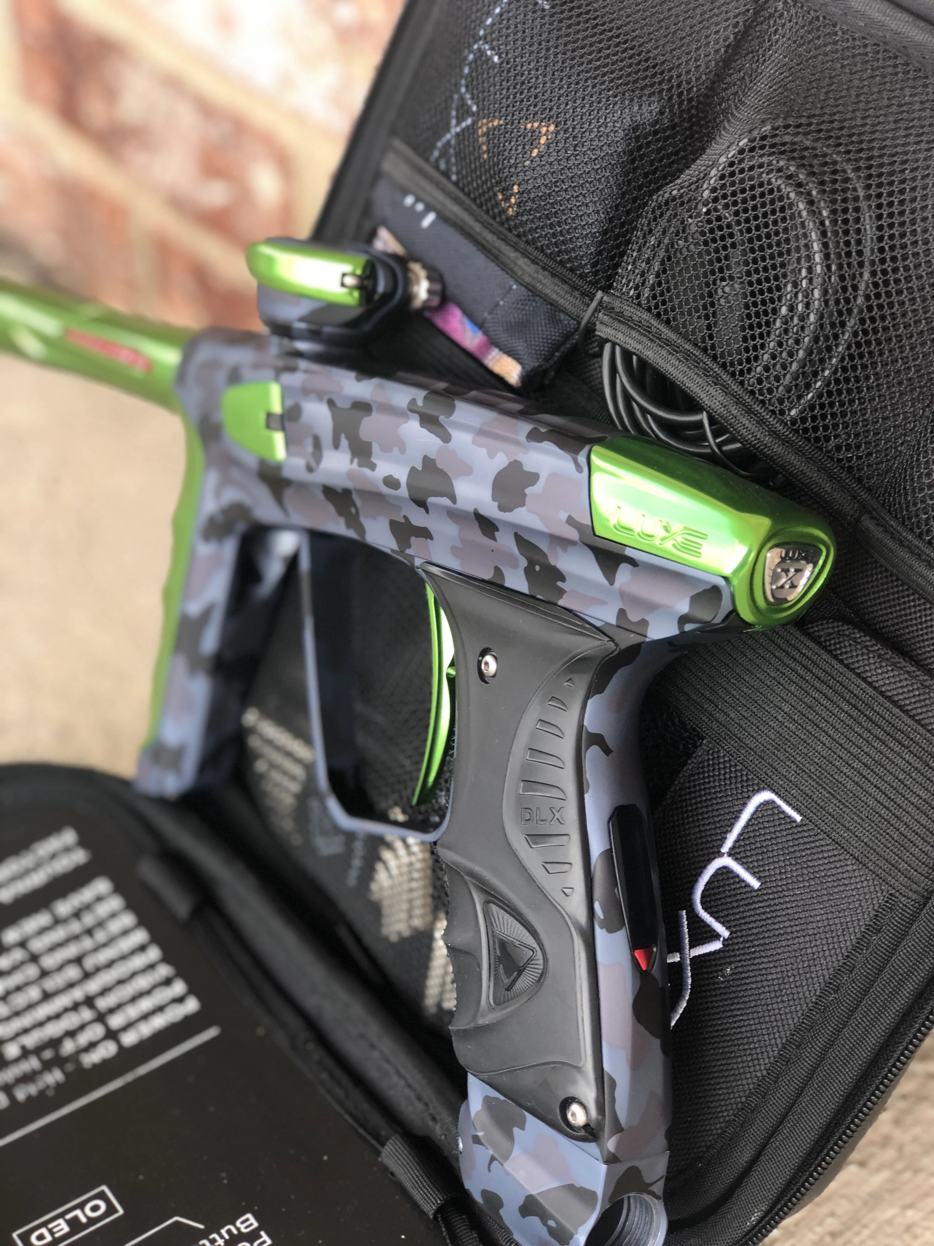 Used DLX Luxe X Paintball Gun - Urban Camo with Lime Accents - Image 3