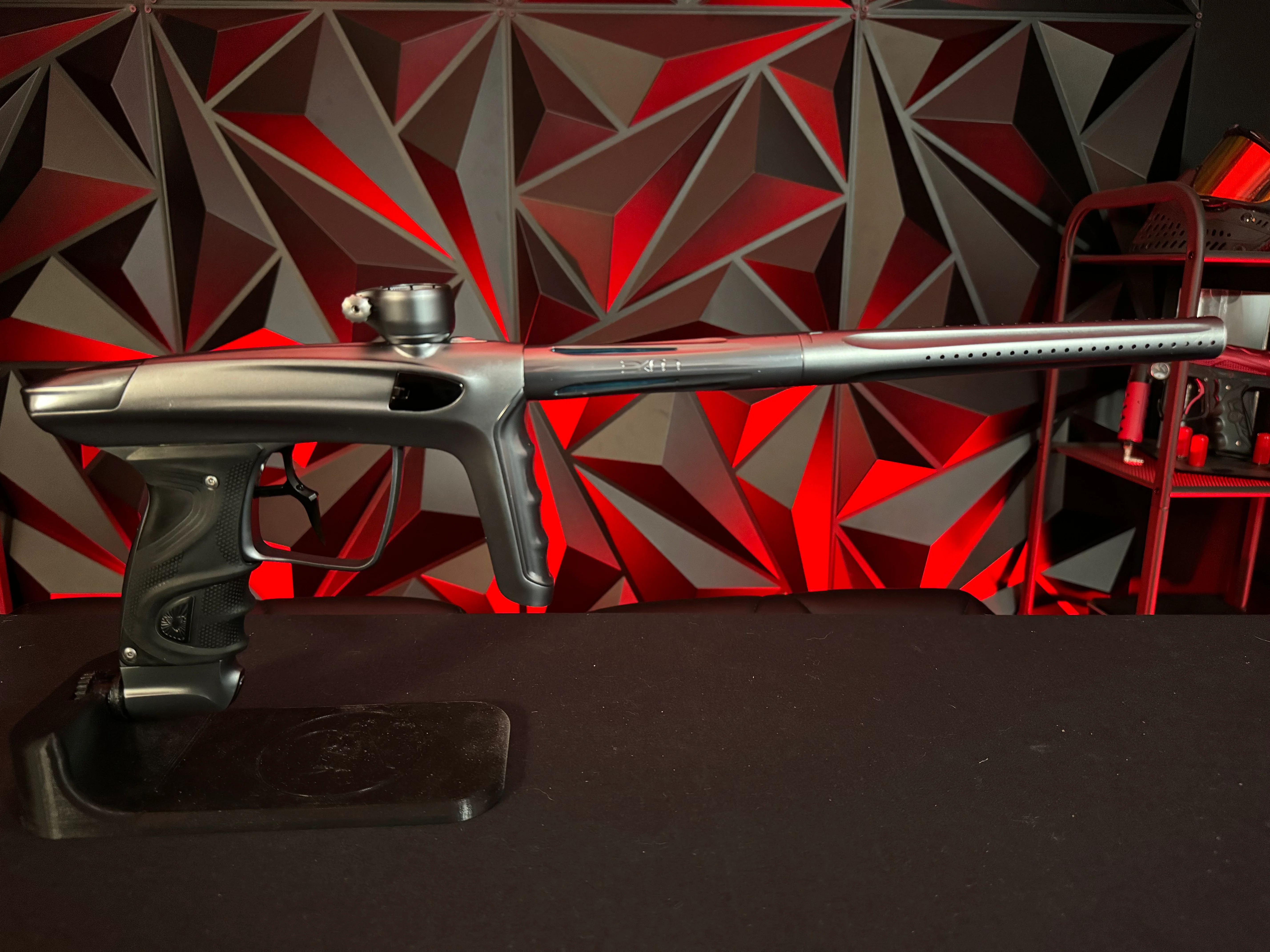 Used DLX TM40 Paintball Gun - Polished Pewter/Dust Pewter w/Infamous Deuce Trigger *Right side eye cover is Polished Black* - Image 5