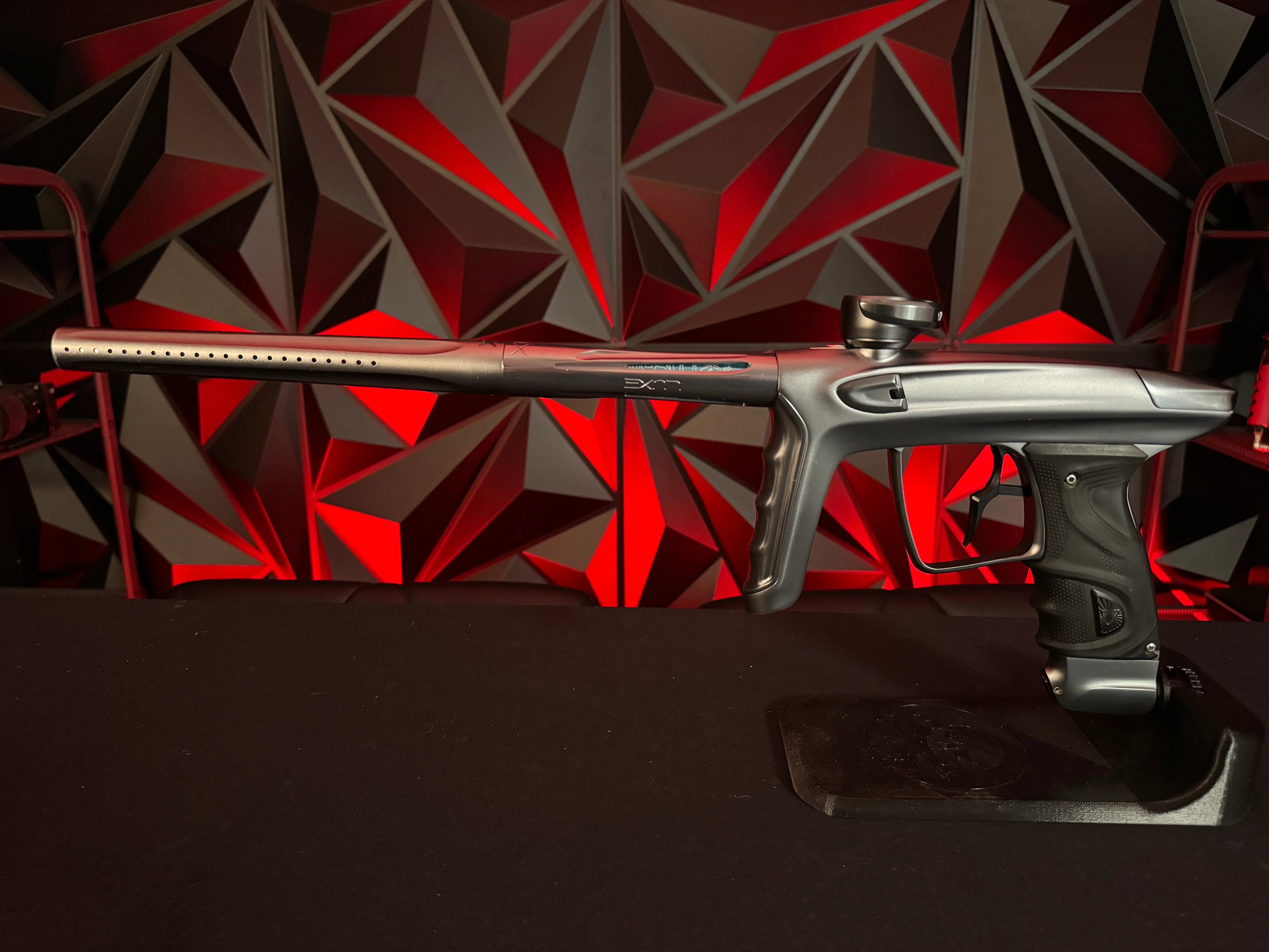 Used DLX TM40 Paintball Gun - Polished Pewter/Dust Pewter w/Infamous Deuce Trigger *Right side eye cover is Polished Black* - Image 6