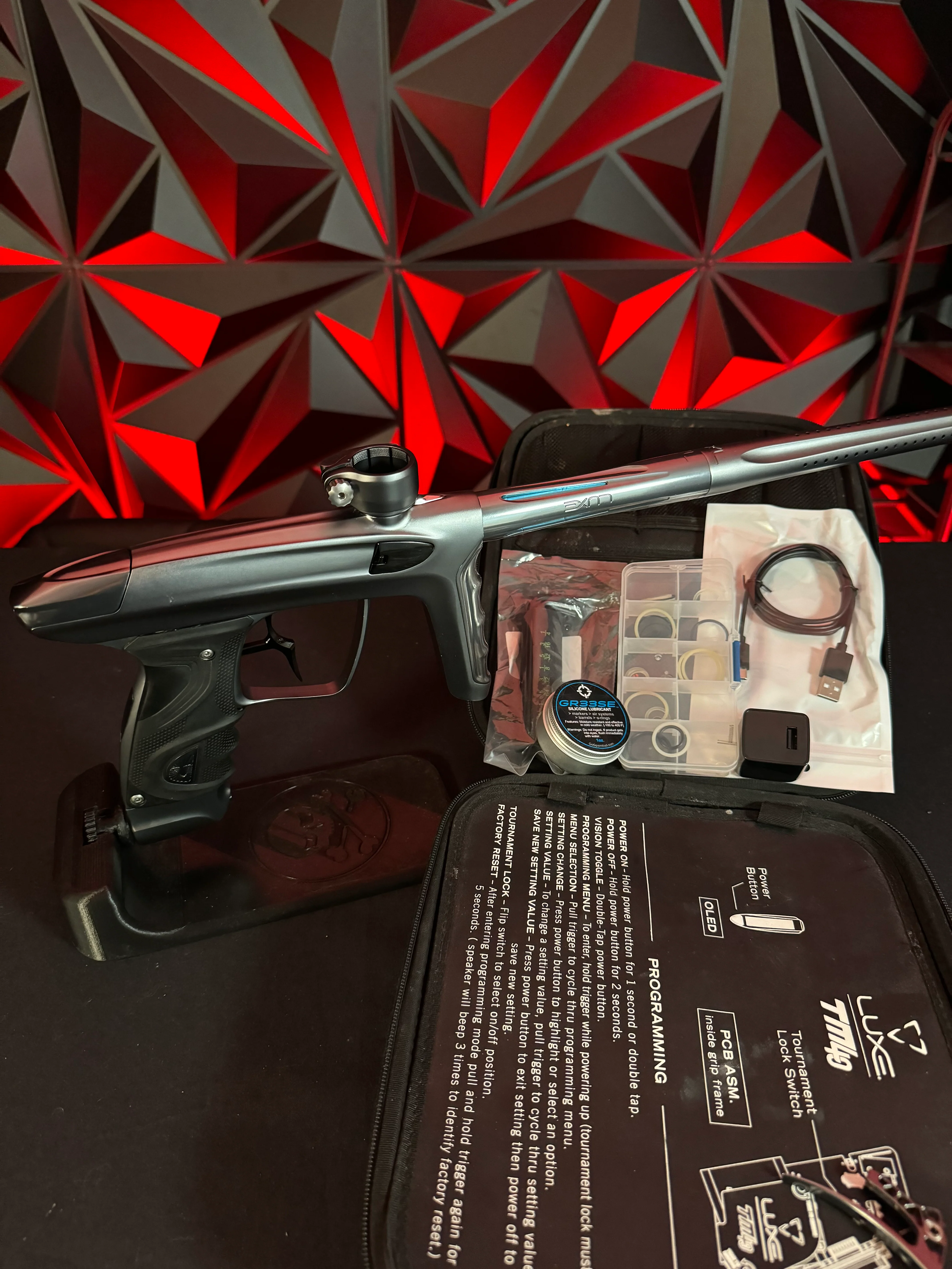 Used DLX TM40 Paintball Gun - Polished Pewter/Dust Pewter w/Infamous Deuce Trigger *Right side eye cover is Polished Black* - Image 7