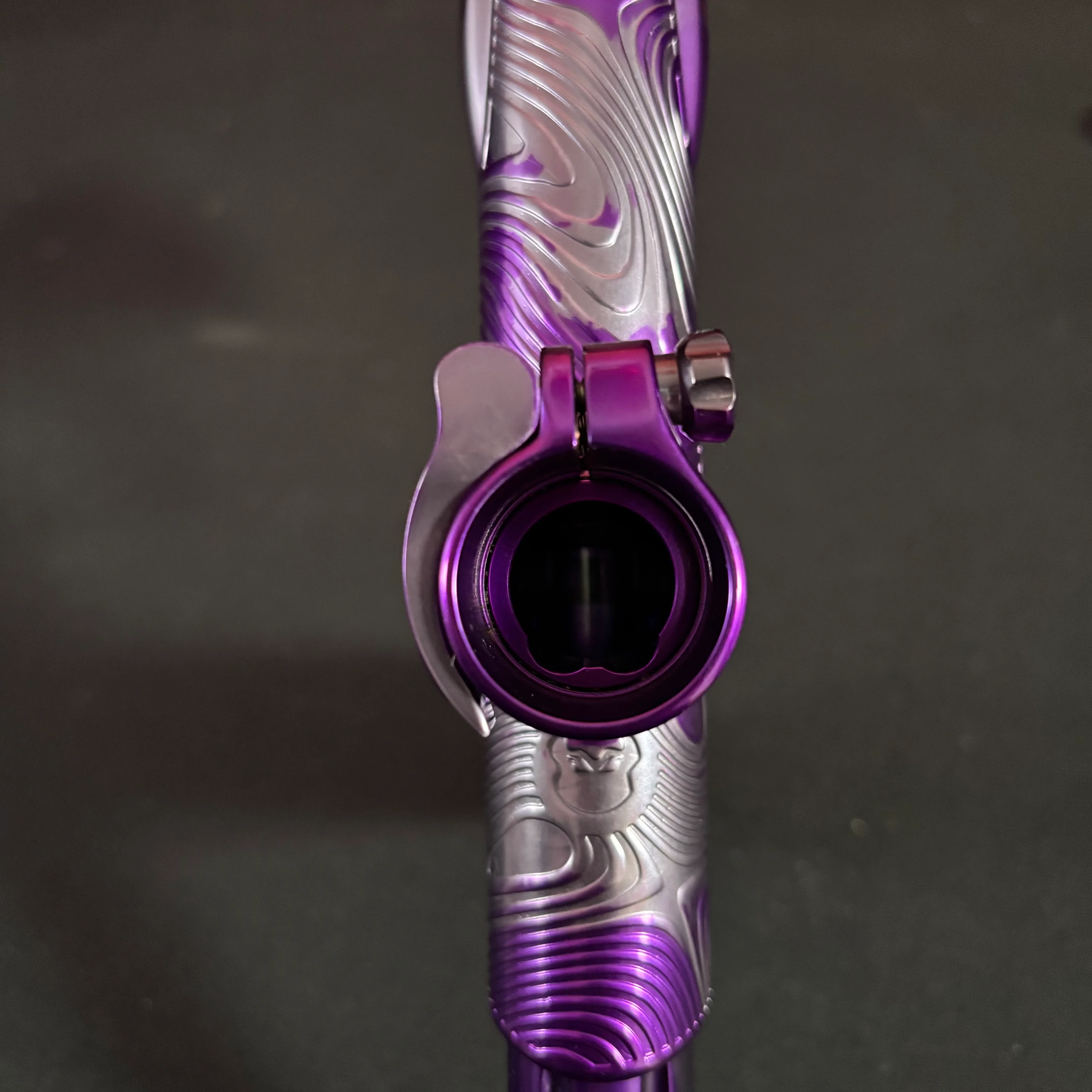 Used Dye Dark Pipe DSR+ Paintball Gun - Silver/Purple Splash w/ Matching Mech Frame - Image 9