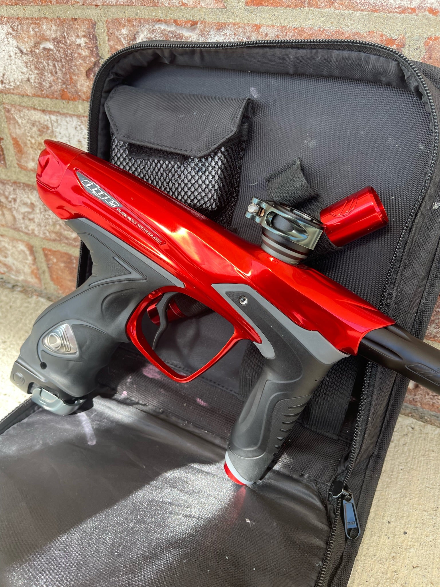 Used Dye DM15 Paintball Marker - Gloss Red w/ 2 UL Backs, Lockdown 2 Feedneck, SLAP ASA, Deuce Trigger - Image 2