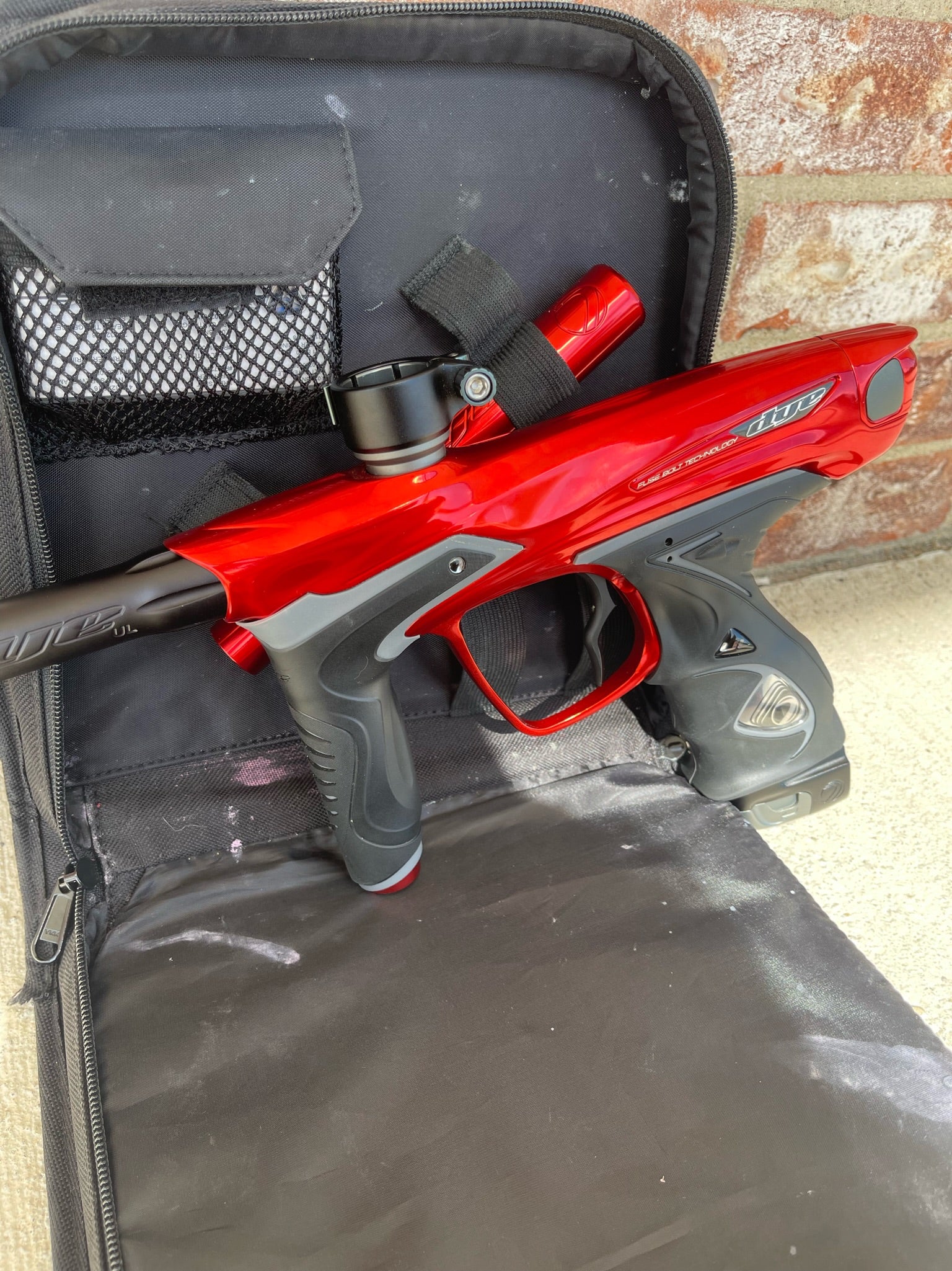 Used Dye DM15 Paintball Marker - Gloss Red w/ 2 UL Backs, Lockdown 2 Feedneck, SLAP ASA, Deuce Trigger - Image 4