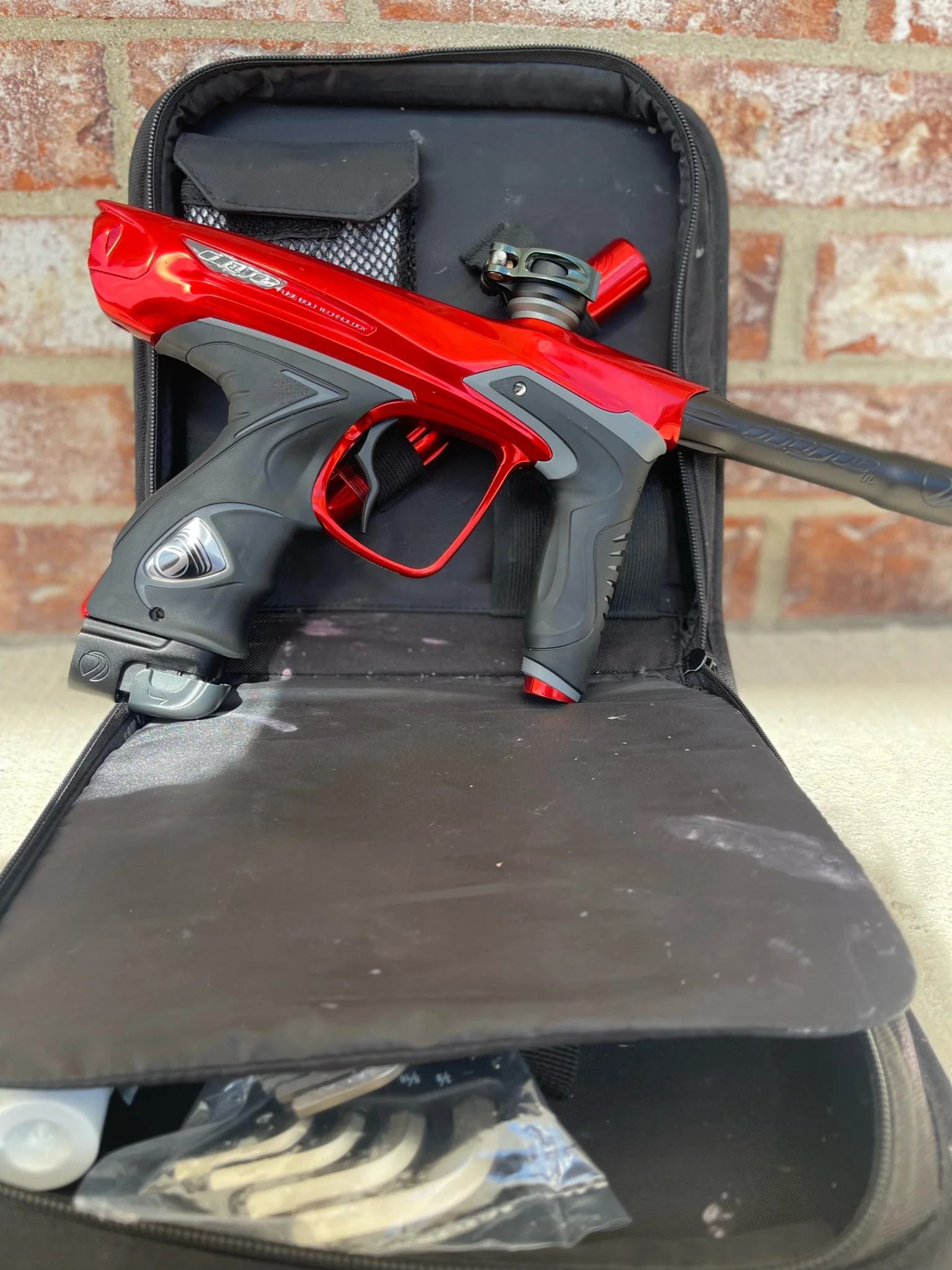 Used Dye DM15 Paintball Marker - Gloss Red w/ 2 UL Backs, Lockdown 2 Feedneck, SLAP ASA, Deuce Trigger - Image 5