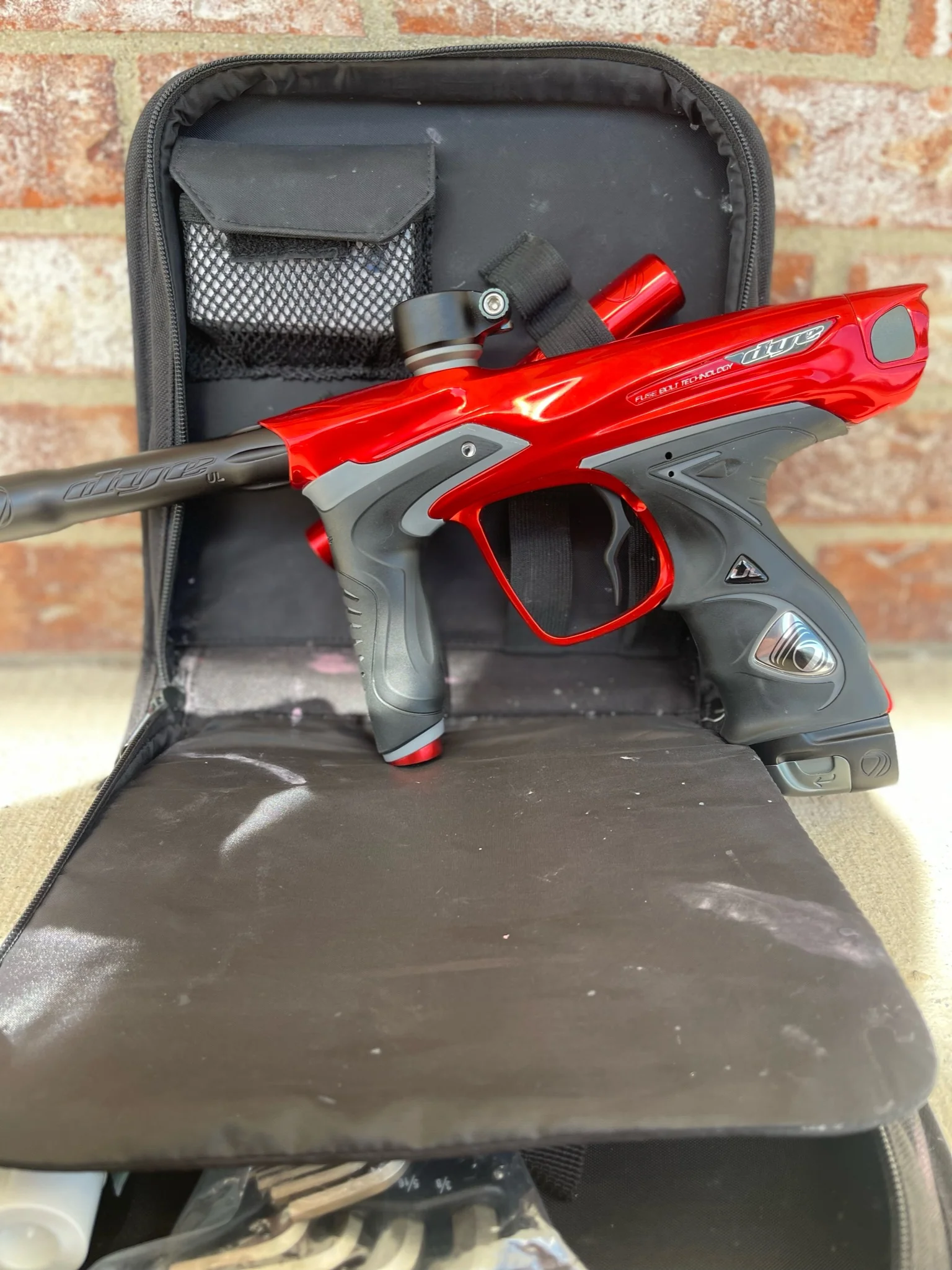 Used Dye DM15 Paintball Marker - Gloss Red w/ 2 UL Backs, Lockdown 2 Feedneck, SLAP ASA, Deuce Trigger - Image 6