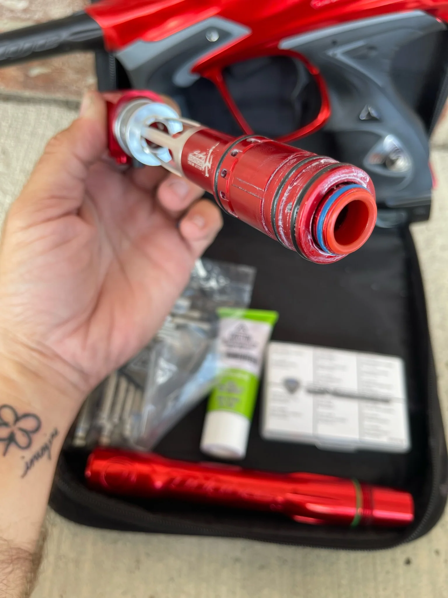 Used Dye DM15 Paintball Marker - Gloss Red w/ 2 UL Backs, Lockdown 2 Feedneck, SLAP ASA, Deuce Trigger - Image 8